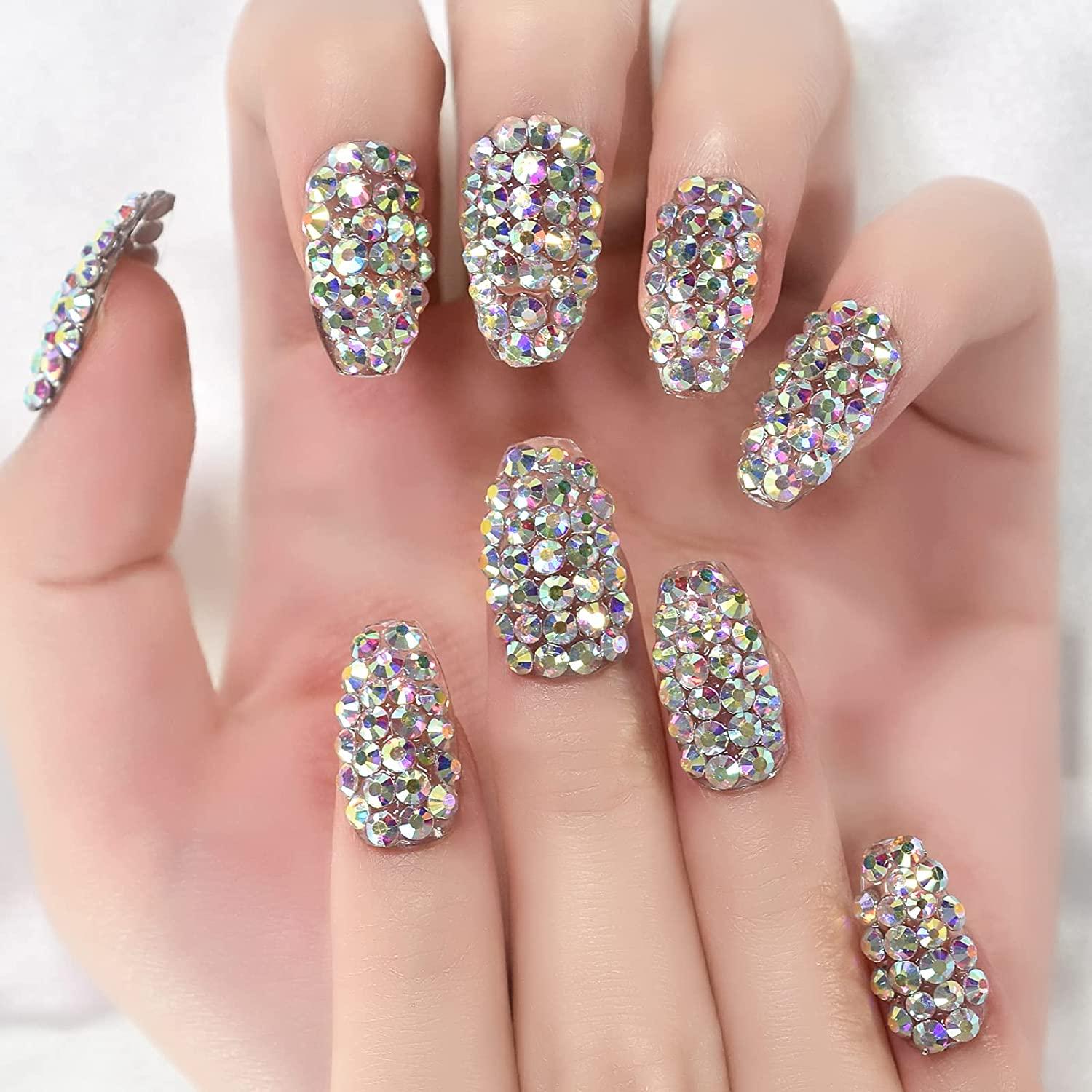 Rhinestone Gem Diamond Medium Square False Nails Shiny Bright Bling