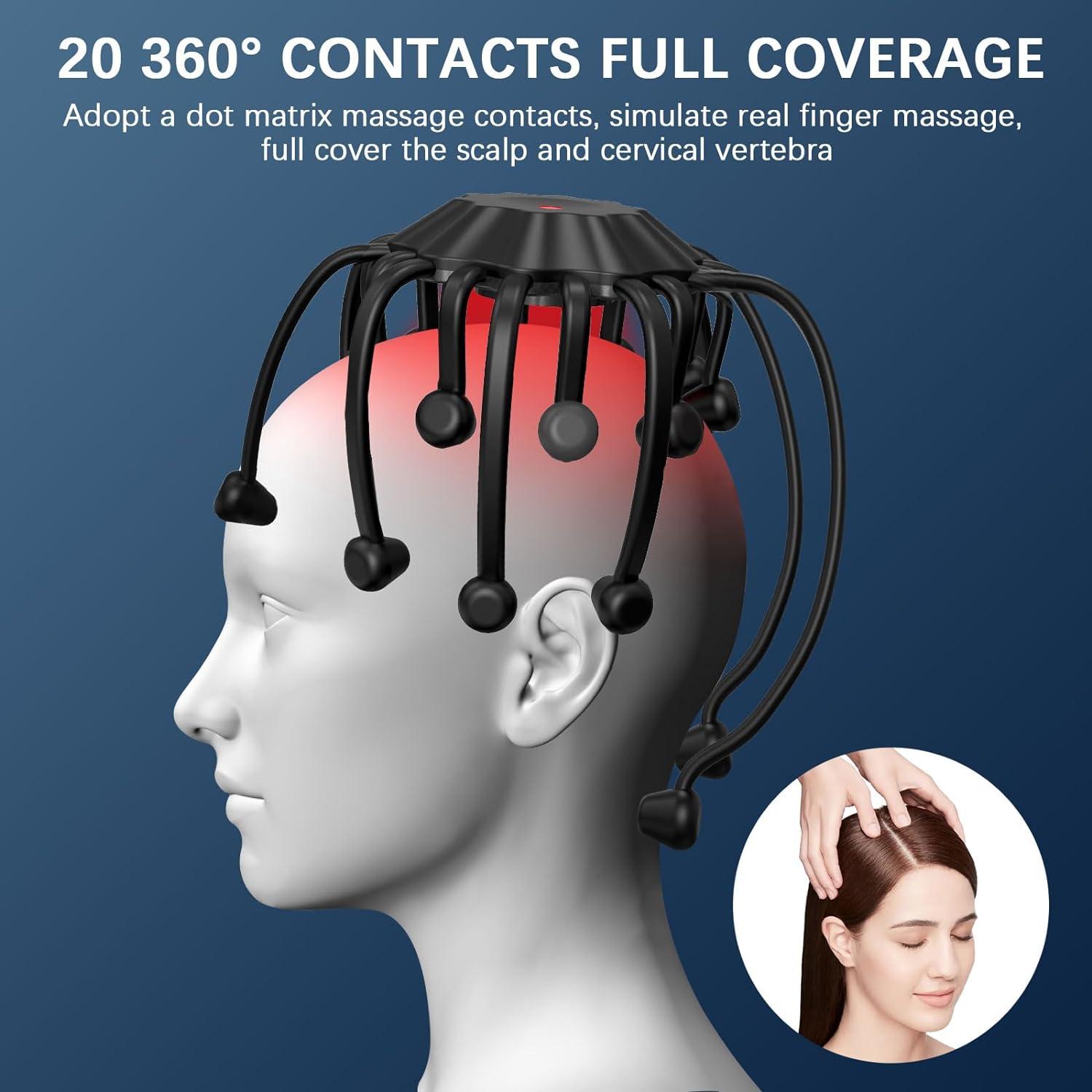 Head Massage Spider - Electric Bluetooth Massager with Red Light 20  Vibration Contacts & 5 Modes for Relaxation & Deep Sleep - Perfect Gift Idea
