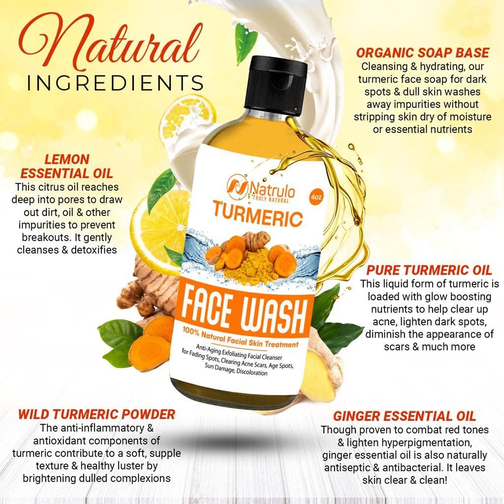 Natrulo Turmeric Face Wash, 4oz Clear Skin Liquid Soap 100 Natural Anti Aging Exfoliating