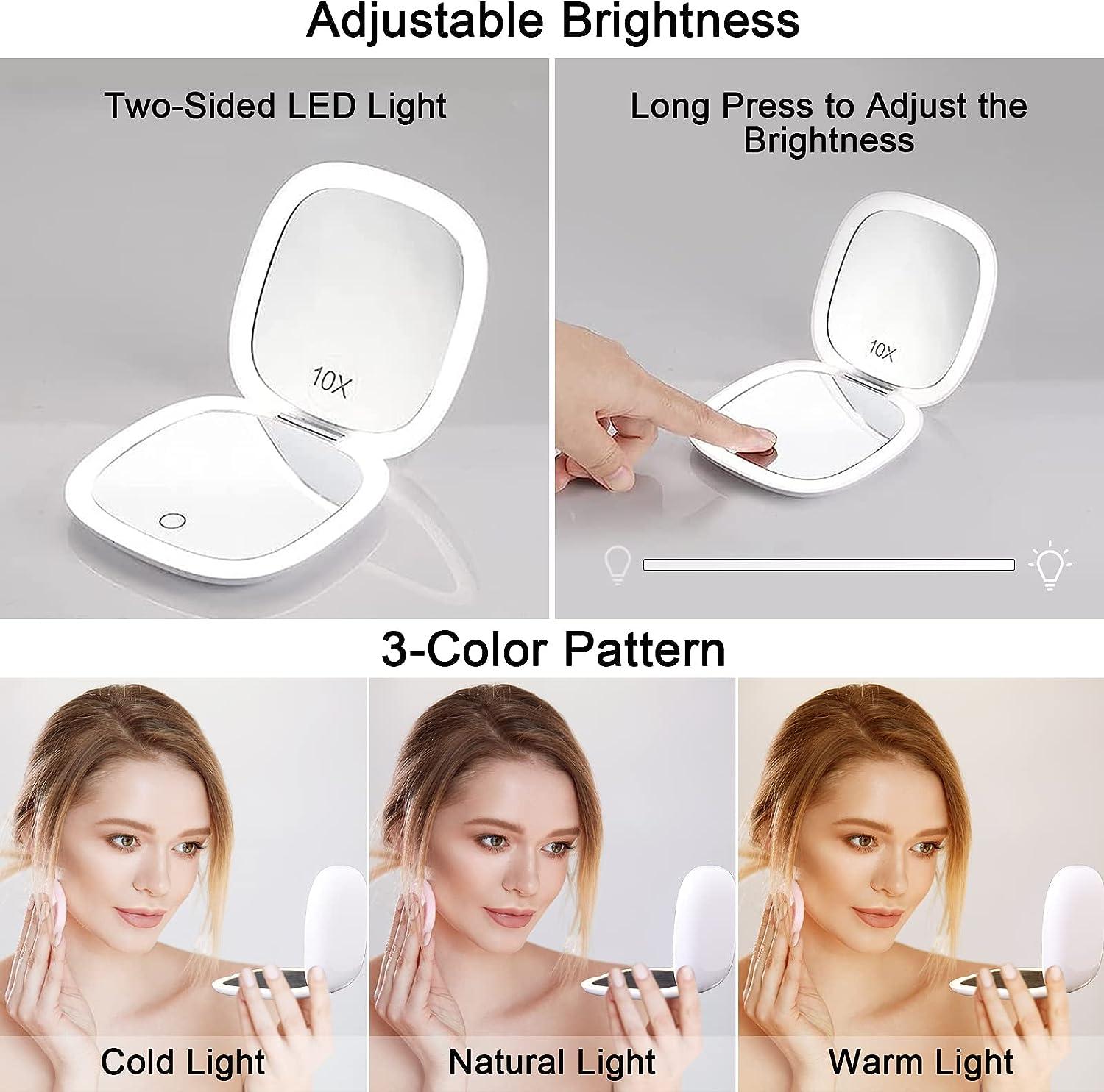 JIMACRO LED Travel Makeup Mirror 1x/10x Magnifying Pocket Mirror with