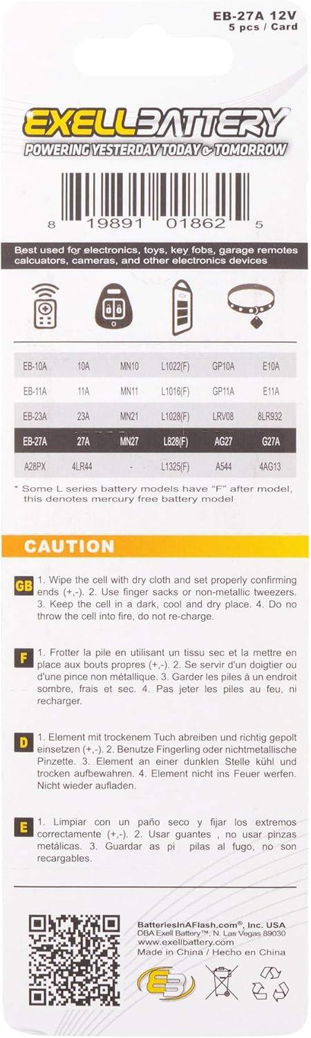 Exell EB-27A 12V Alkaline Battery - Replacement For Garage Door Openers & Key Fobs (27A Type)