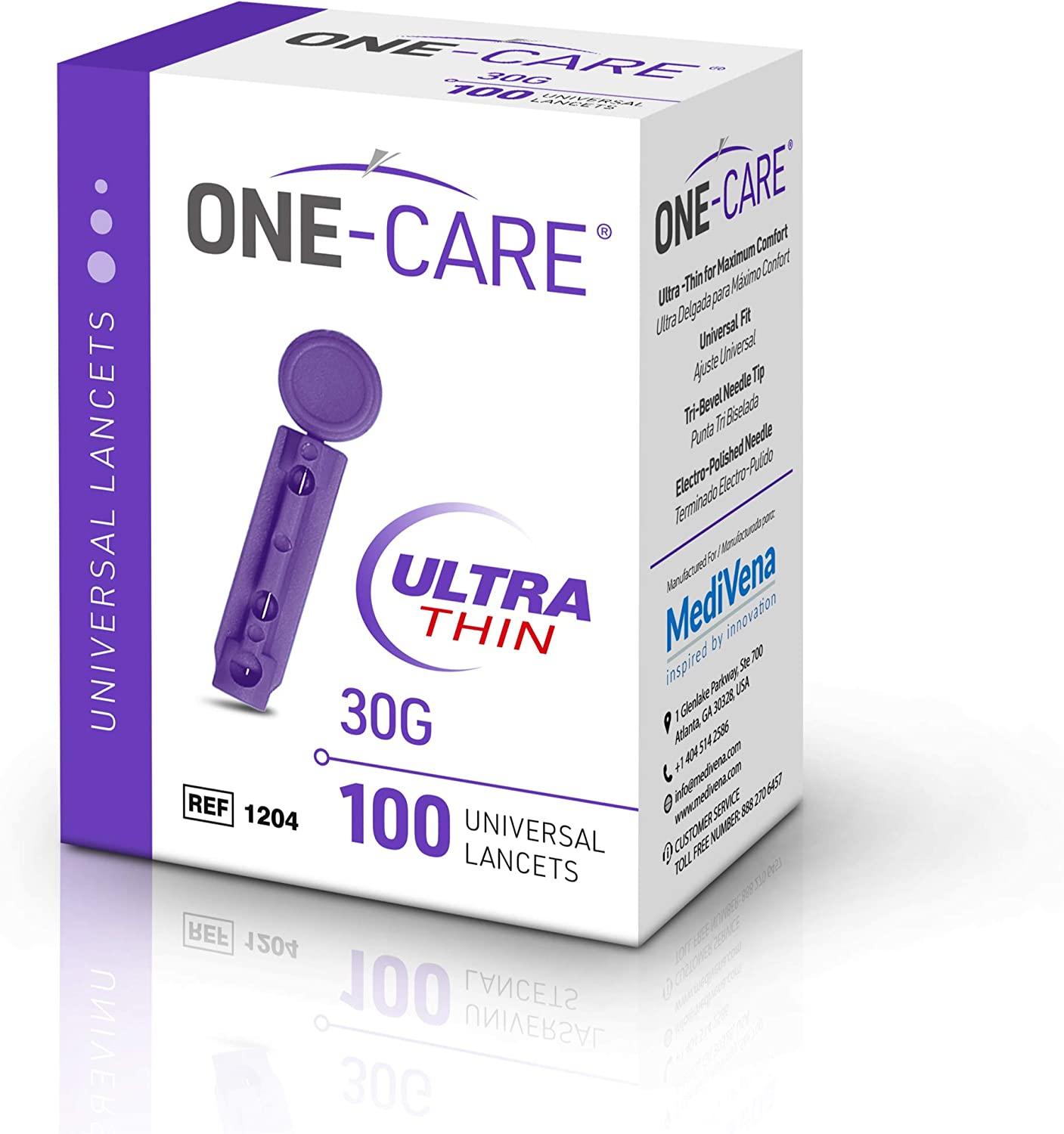MediVena ONECARE Twist Top Lancets, UltraThin 30G, Universal Fit, 100/bx, Sterile, Gentle for