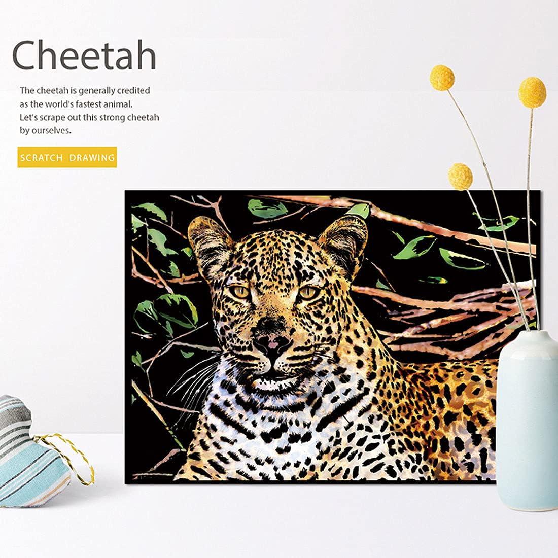 Scratch Art For Kids & Adults, Rainbow Engraving Painting Landscape Scratchboard(A4) Crafts Set Scratch Cards - Unicorn/Cat/Deer/Lion/ Tiger/Leopard/Wolf/Elephant/Cheetah/Zebra/Dog, Style 2