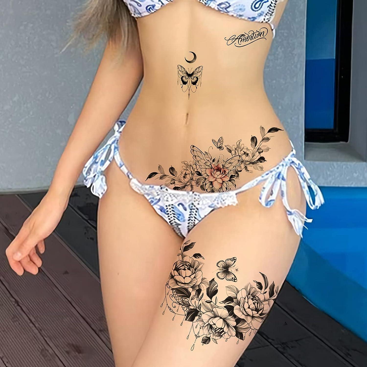 ROARHOWL sexy temporary tattoos for women sexy tattoo kit beautiful and  exquisite 3D realistic flowers butterflies abdomen chest waist and back  apply false tattoos for girl (Design 3)