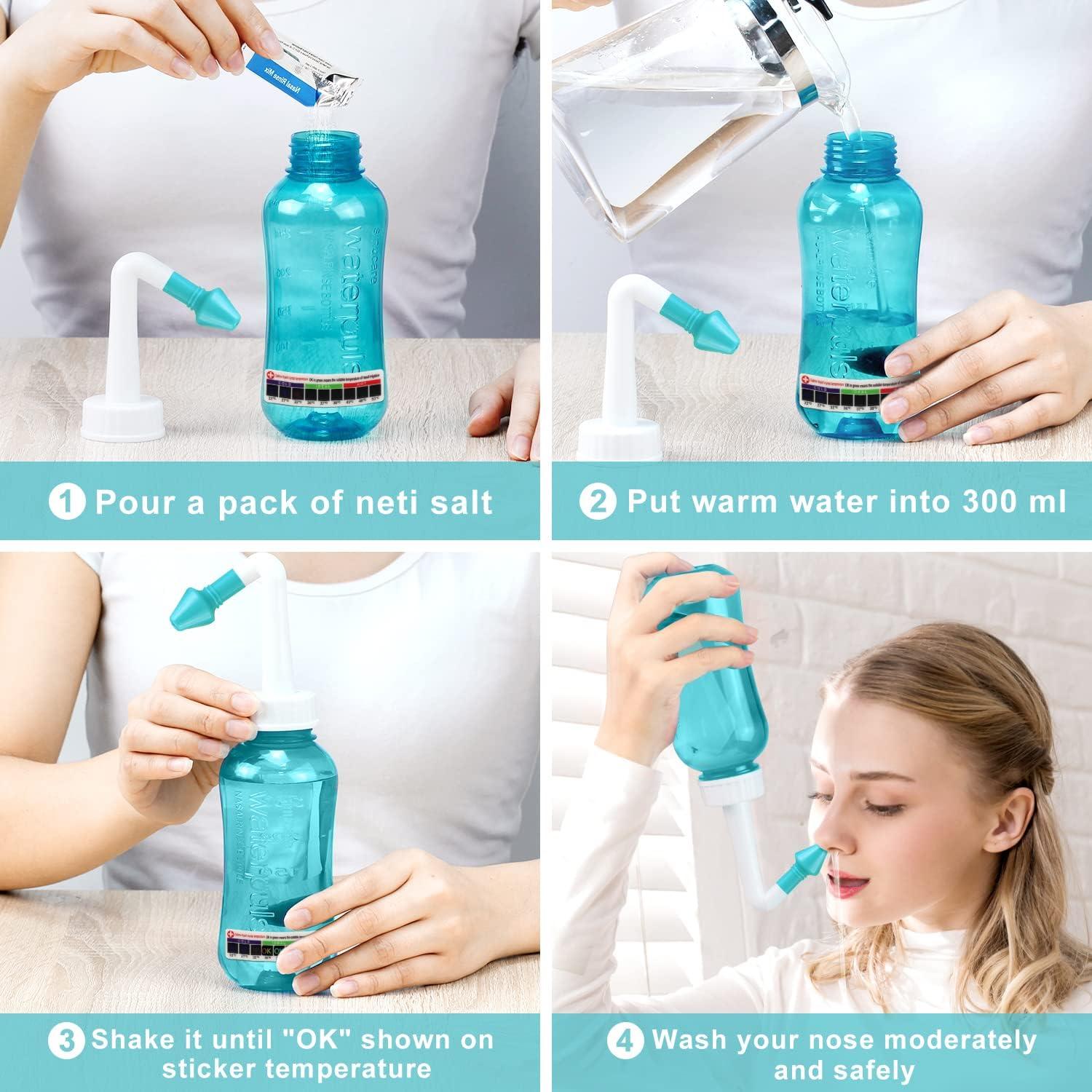 Sinus Rinse,300ml Neti Pot Sinus Rinse Kit with 30 Packets Nasal Wash Salt  and Thermometer Sticker, Nasal Sinus Rinse Kit for Adult & Kid (300ml)