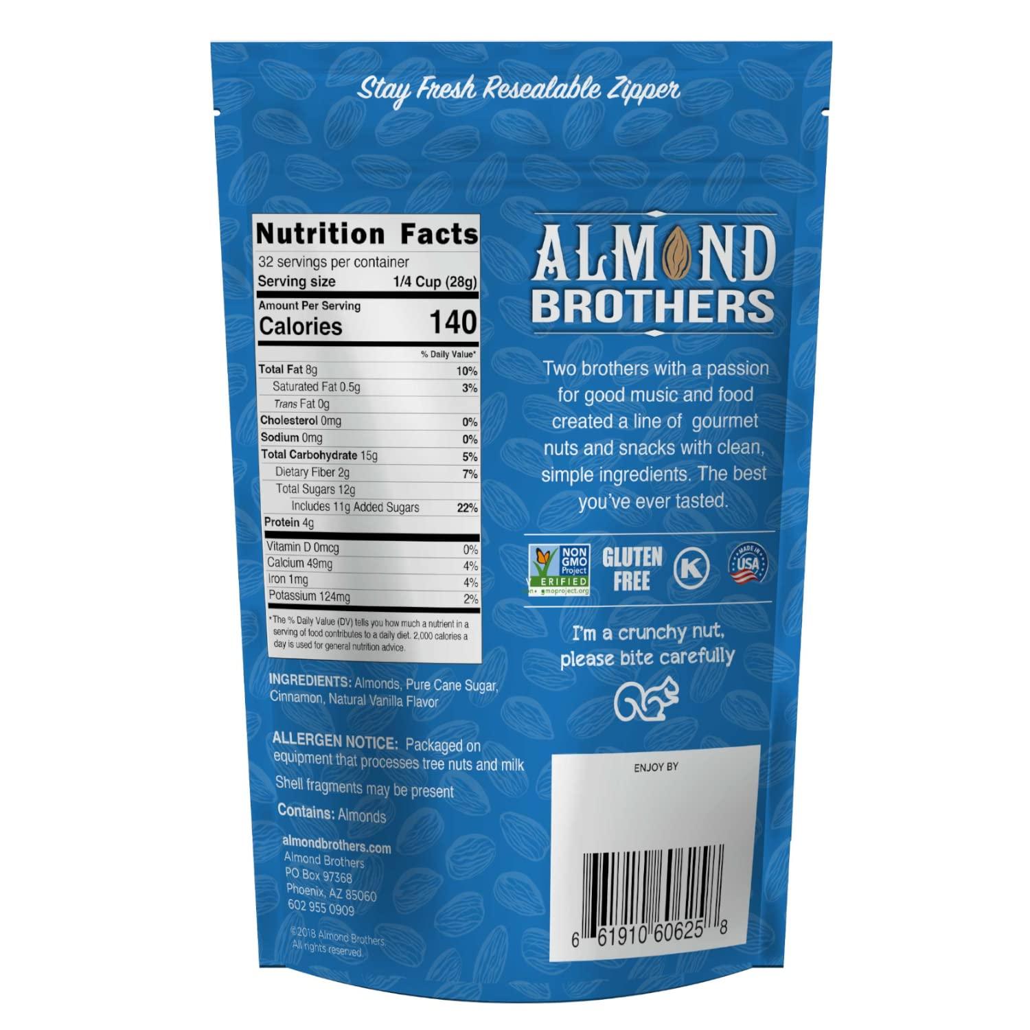Almond Brothers Roasted Almonds Hand Crafted Cinnamon Glazed Roasted Almonds, GlutenFree, Non