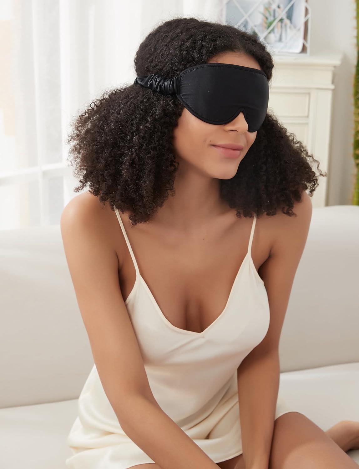 Alaska Bear Silk Eye Mask with Deep Contour Molded Cups for Beauty Sleep & Lashes Extensions Zero Pressure Sleeping Eye Cover with Gift Box Black