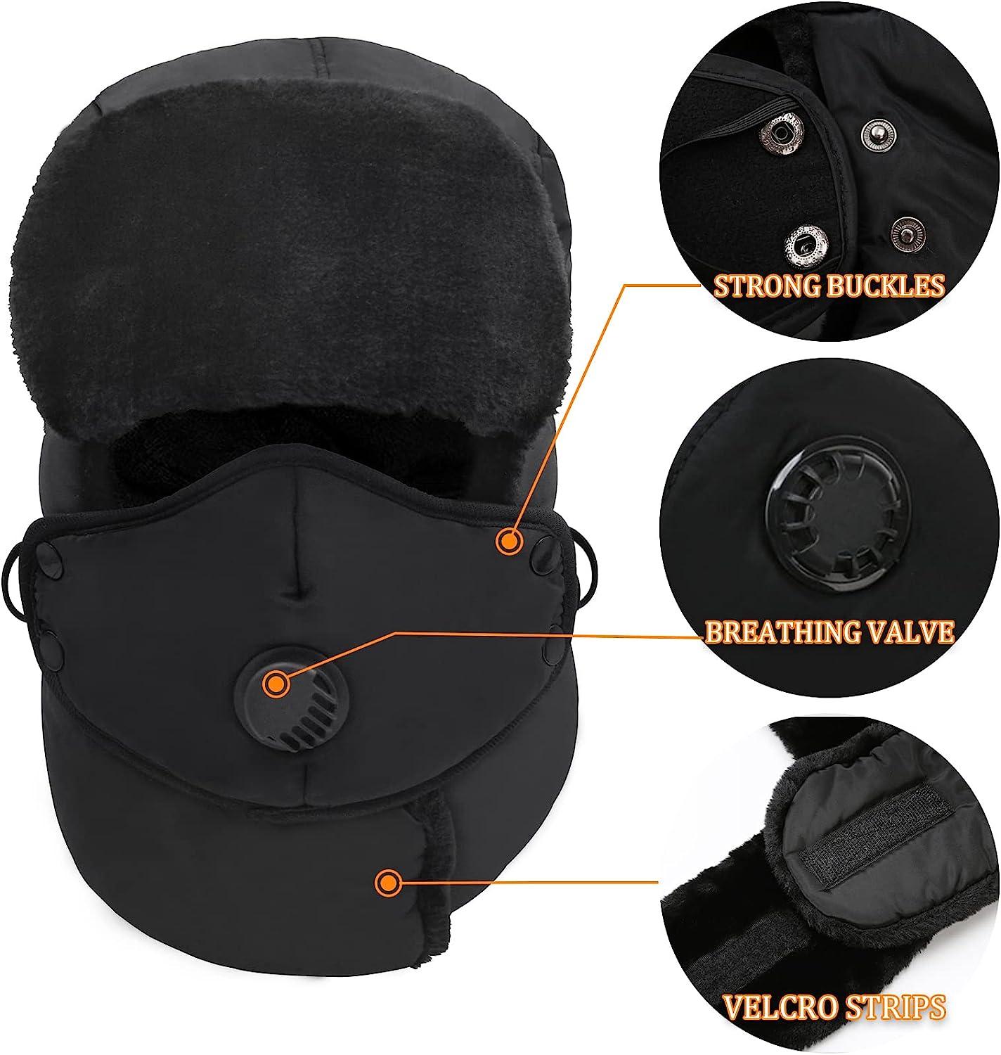 Winter Trapper Hat for Men & Women, Trooper Hunting Russian Fur Hat with  Ear Flap & Mask Ushanka Aviator Hat for Cold Weather Black