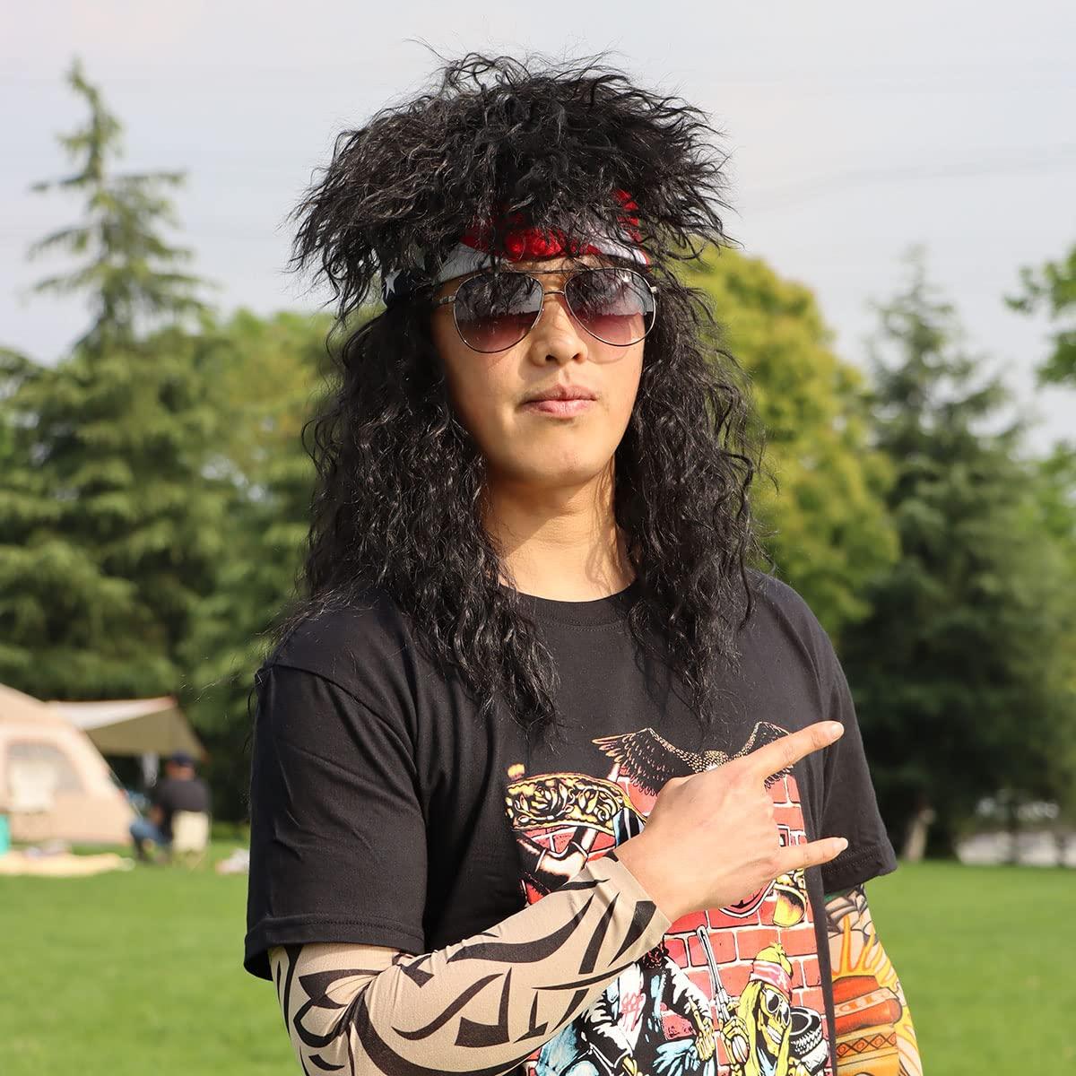 thumbnail image 2 of Simplicity Mens 80S Rocker Long Curly Wig Full Hair Black Wigs 2 of 14