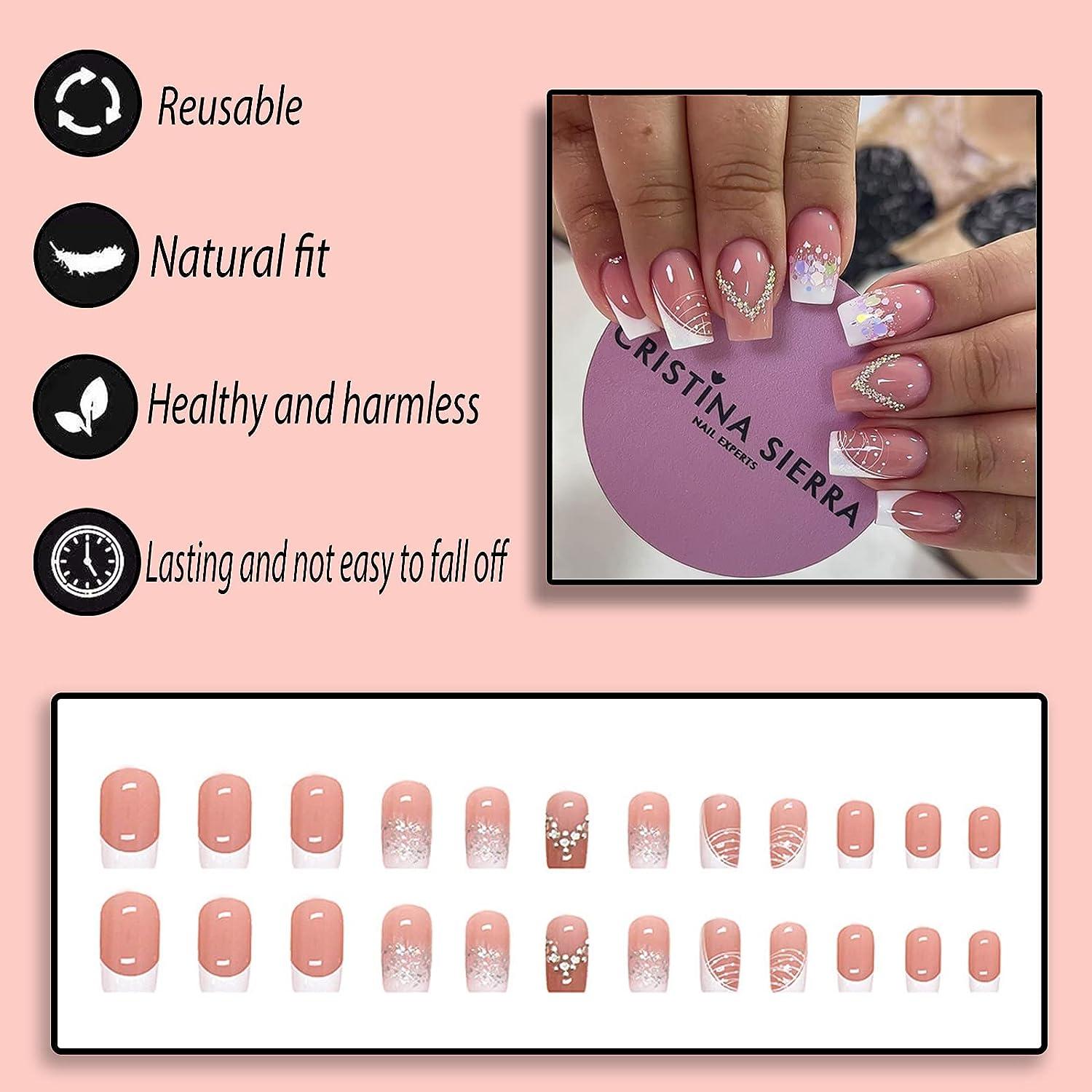 YOSOMK Luxury Press on Nails Short Pink Square Fake Nails with Designs  Rhinestones French Tip Nails Glossy Acrylic Artificial Glue on Nails for  Women