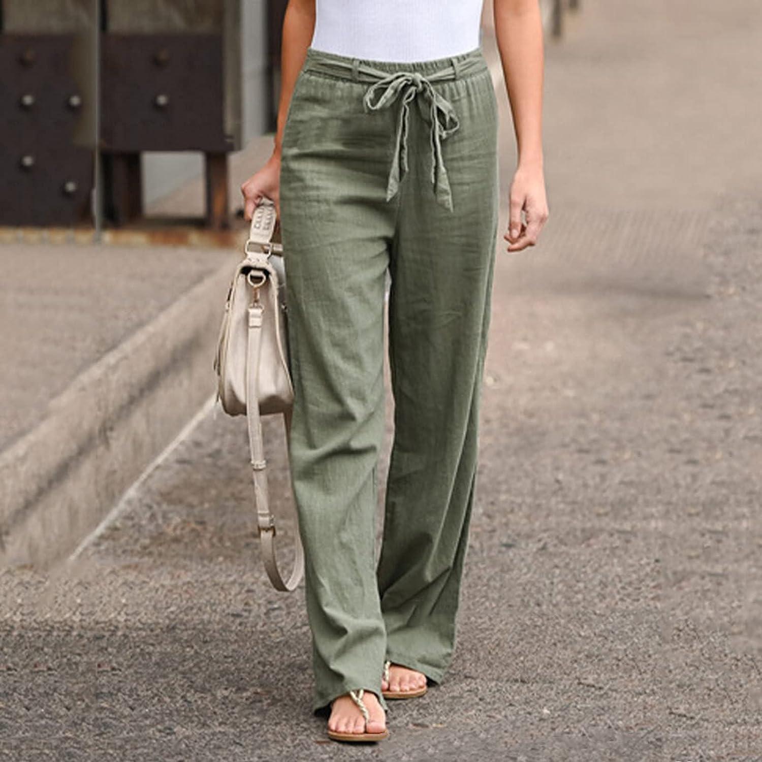 Linen Pants for Women Summer Casual Smocked High Waist Palazzo Pants Wide  Leg Pants Flowy Trousers with Pockets X-Large A-002 Army Green