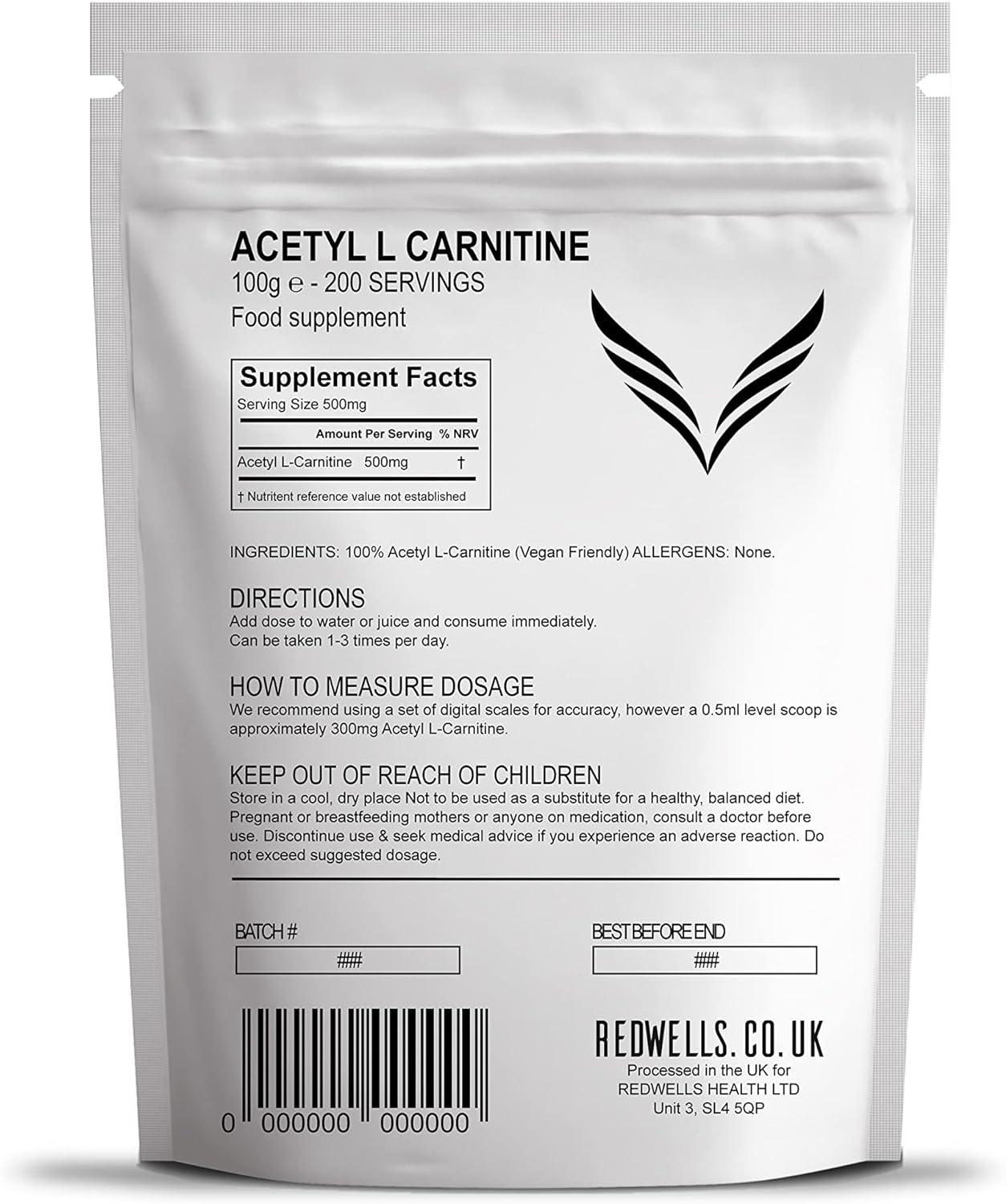 Acetyl L-Carnitine Powder (ALCAR) REDWELLS Premium Quality Vegan - 100g  Pack 100 g (Pack of 1) | Buy Now with Express International Delivery