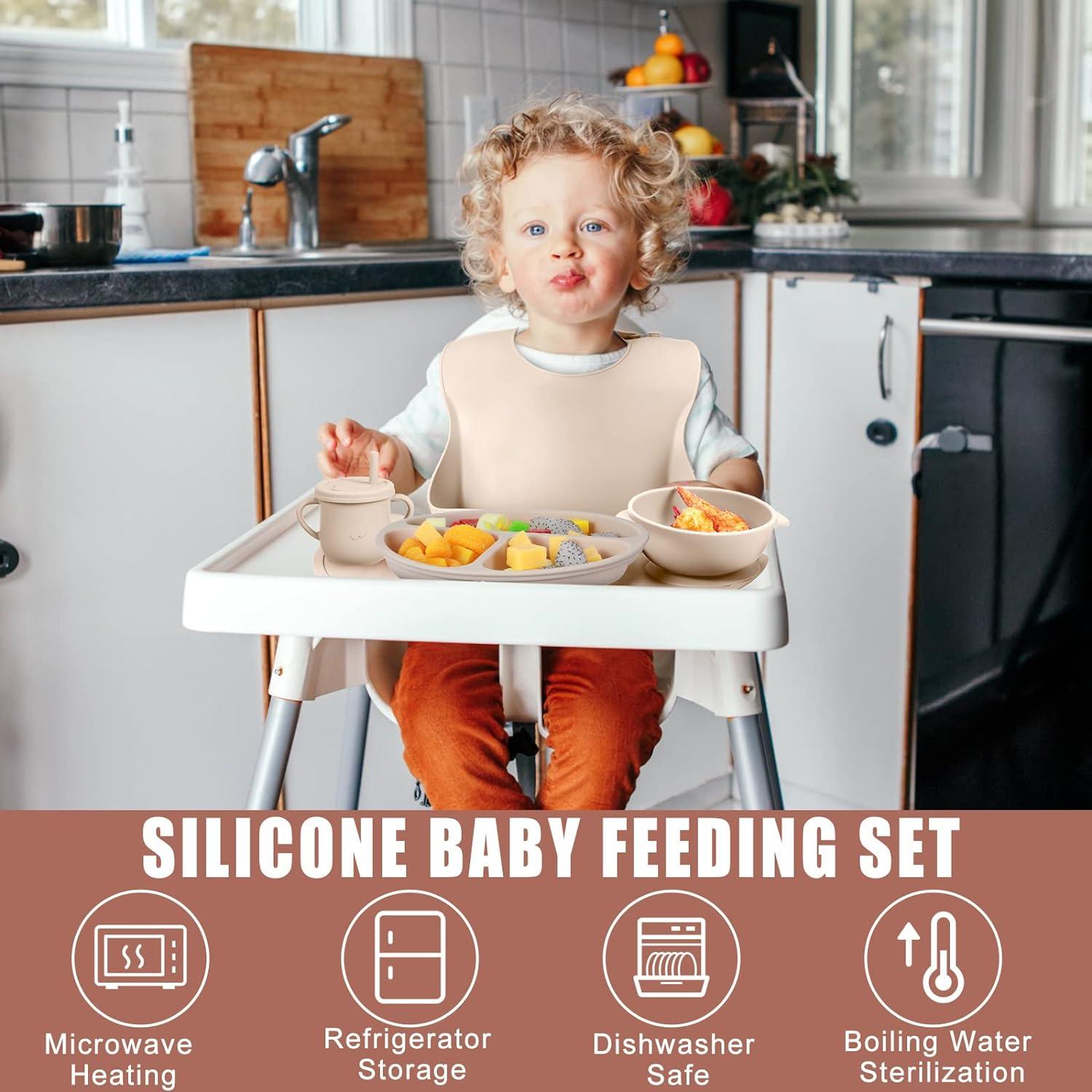 16 Pack Baby Feeding Supplies Set Silicone Baby Led Weaning Suction Plates  and Bowls Silicone Bibs Anti Slip Placemat Baby Spoons Forks Snack Cups Toddler  Eating Utensil Set (Beige Orange)