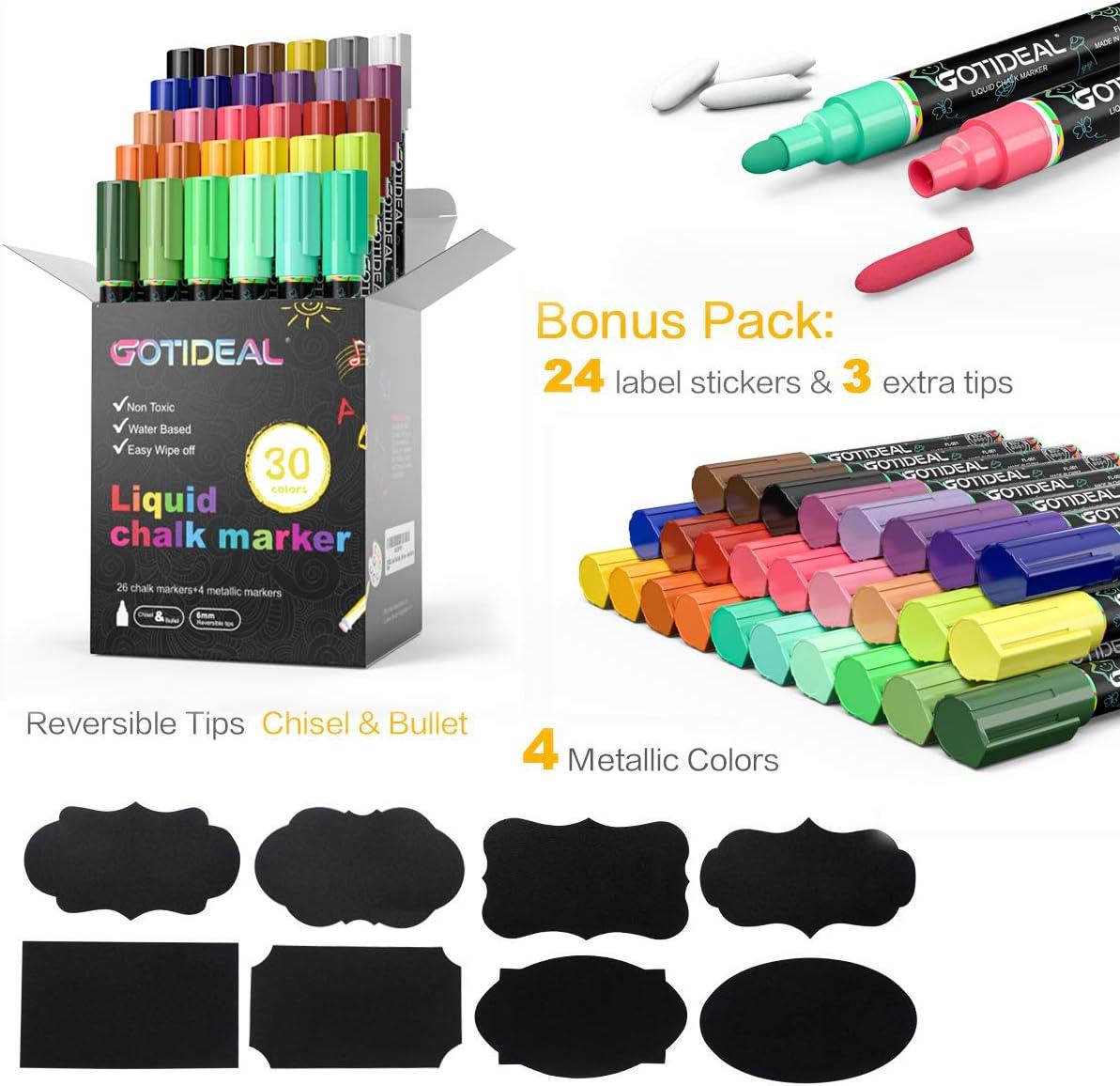 GOTIDEAL Liquid Chalk Markers, 30 colors Premium Window Chalkboard Neon  Pens, Including 4 Metallic Colors, Painting and Drawing for Kids and  Adults, Bistro & Restaurant, Wet Erase - Reversible Tip