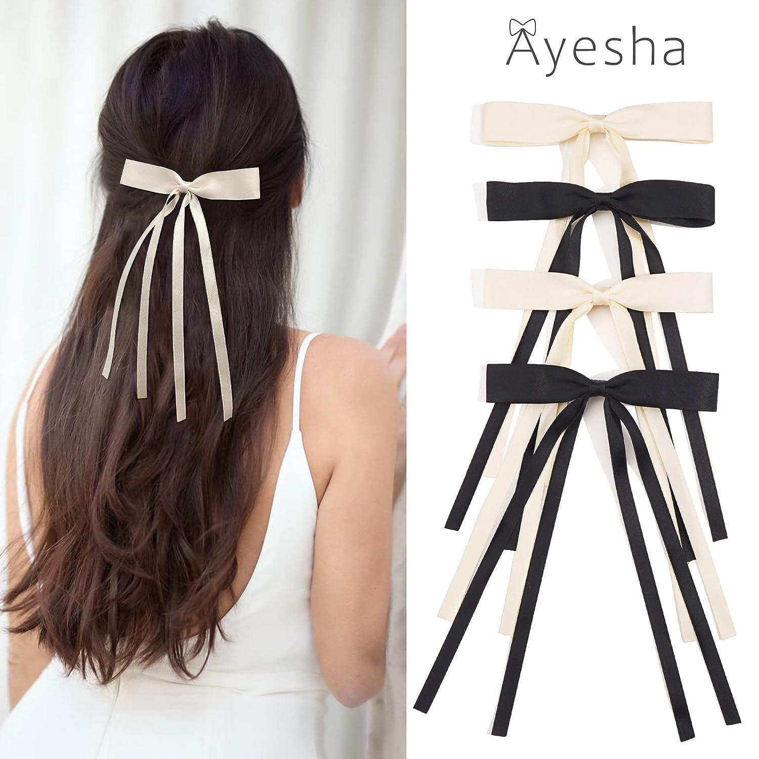 Ayesha Hair Bows for Women Girls Ribbon Bows Hair Clips Long Tail Ribbon  for Hair Tassel Bow Barrettes Hair Accessories for Women Girls  4pcs(Black&Beige)