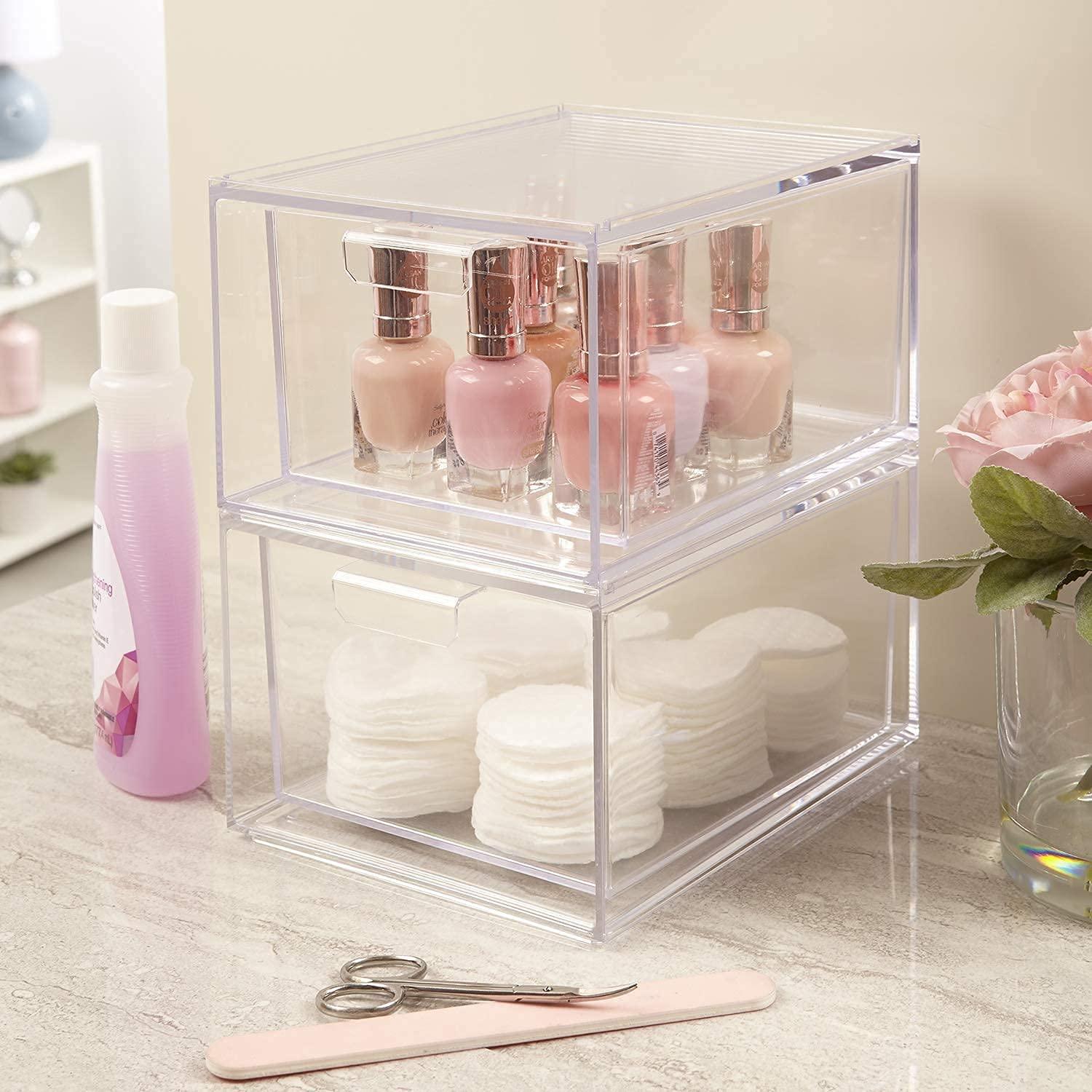 STORi Audrey Stackable Clear Plastic Organizer Drawers, 2 Piece Set, 4.5-Inches Tall, Organize Cosmetics and Beauty Supplies on a Vanity