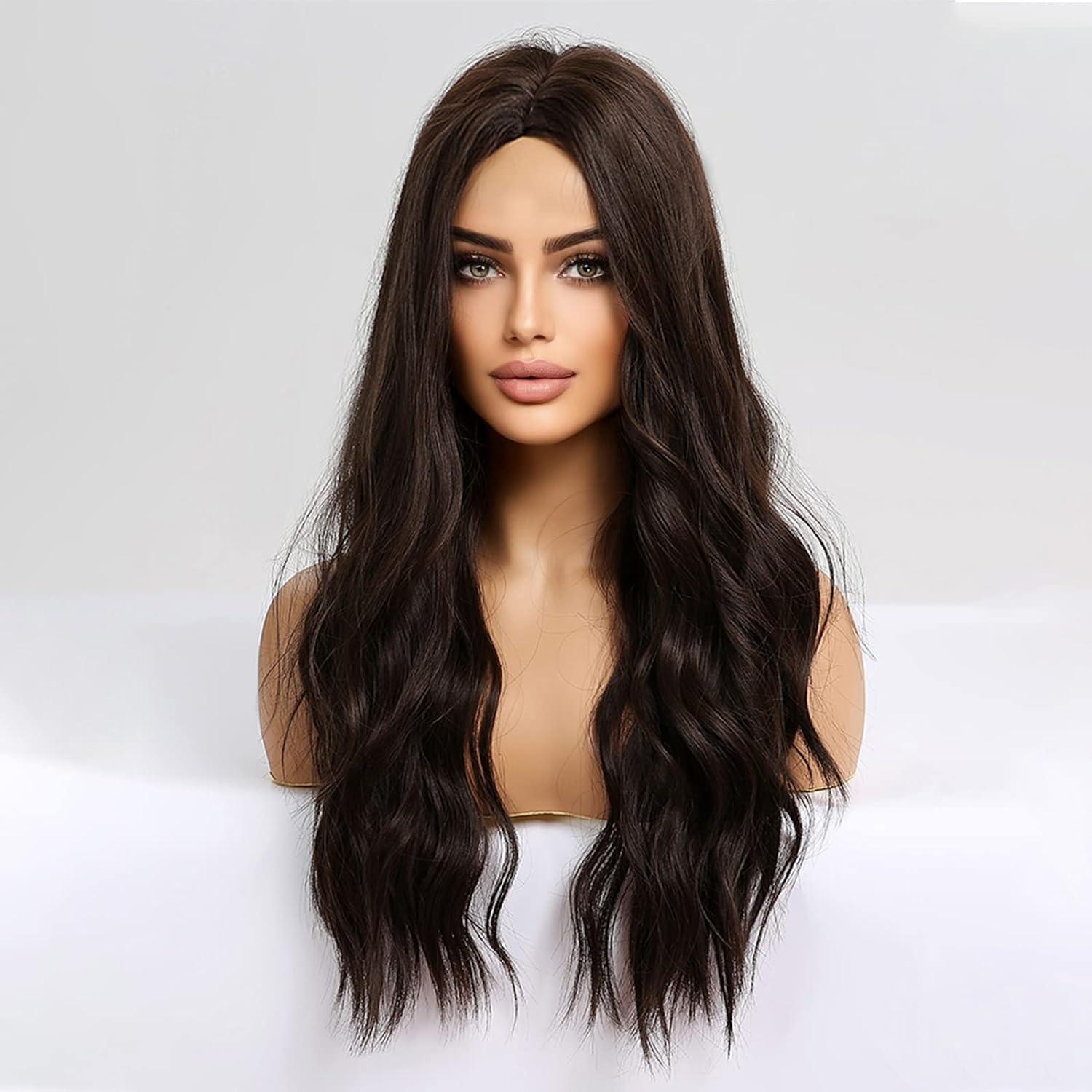 HAIRCUBE Long Brown Synthetic Curly Hair Wig for Women Middle