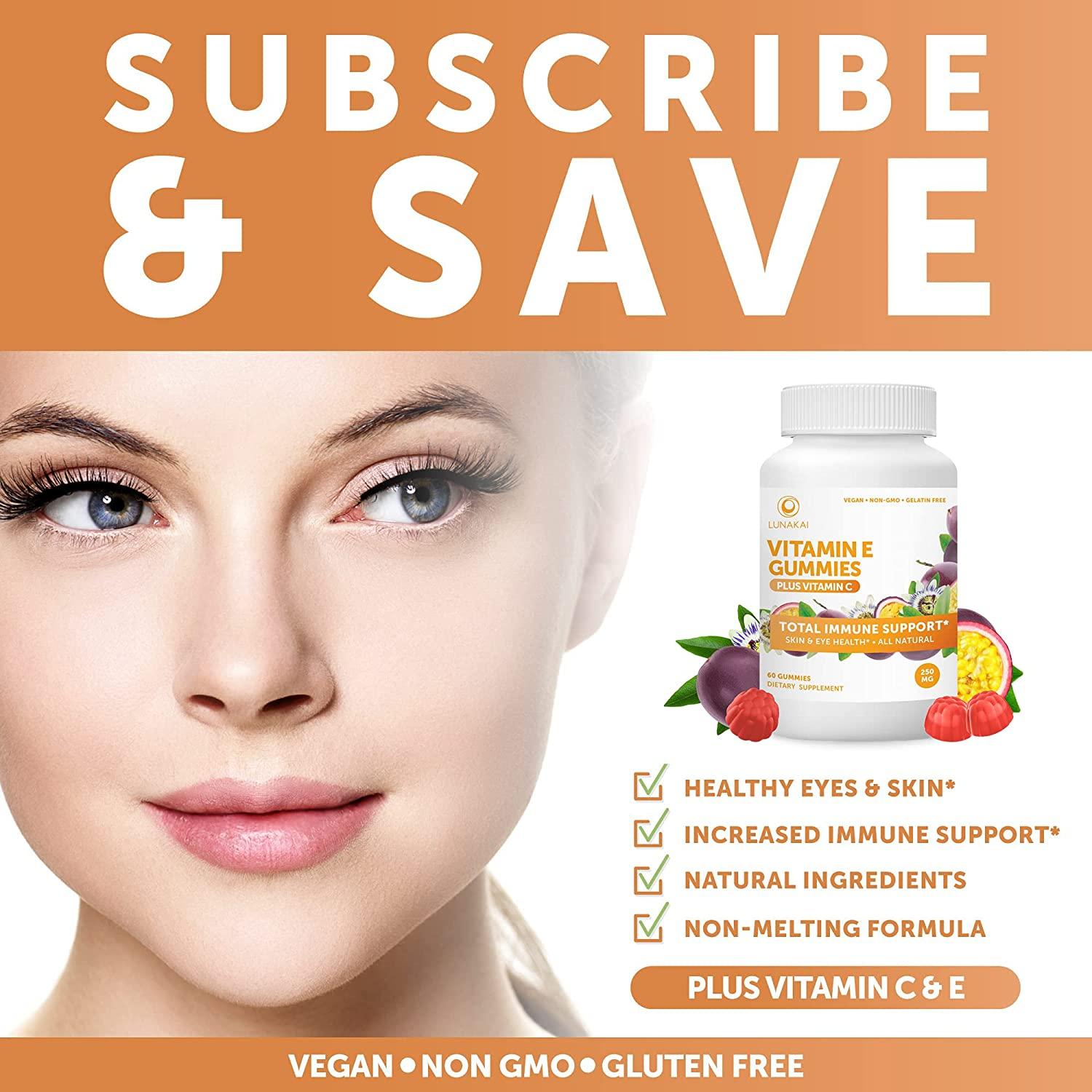 Vitamin E Gummies with Vitamin C 250 mg 1000 iu Natural VIT E Plus C Supplements NonGMO No Corn