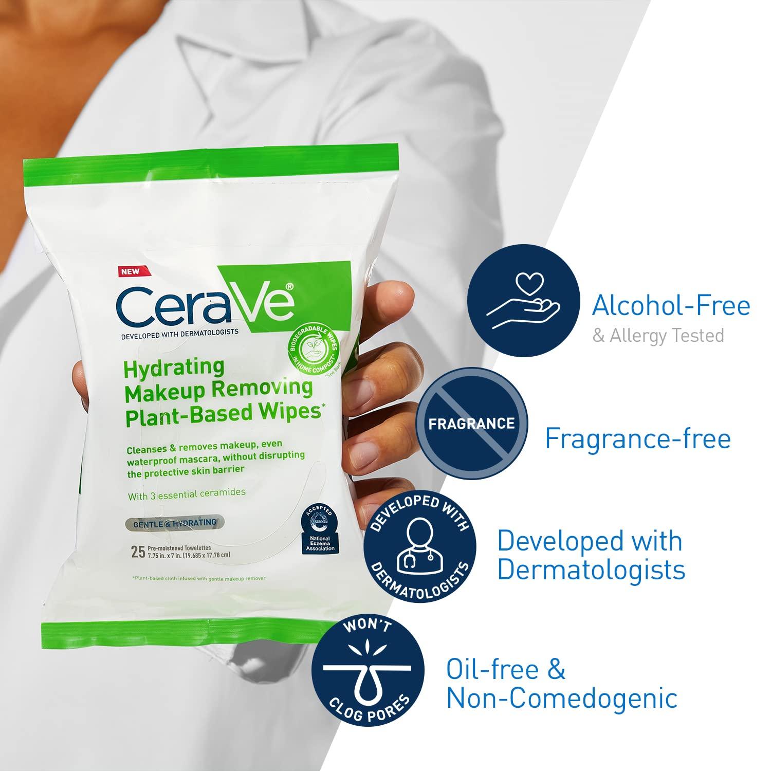 CeraVe Hydrating Facial Cleansing Makeup Remover Wipes Plant Based
