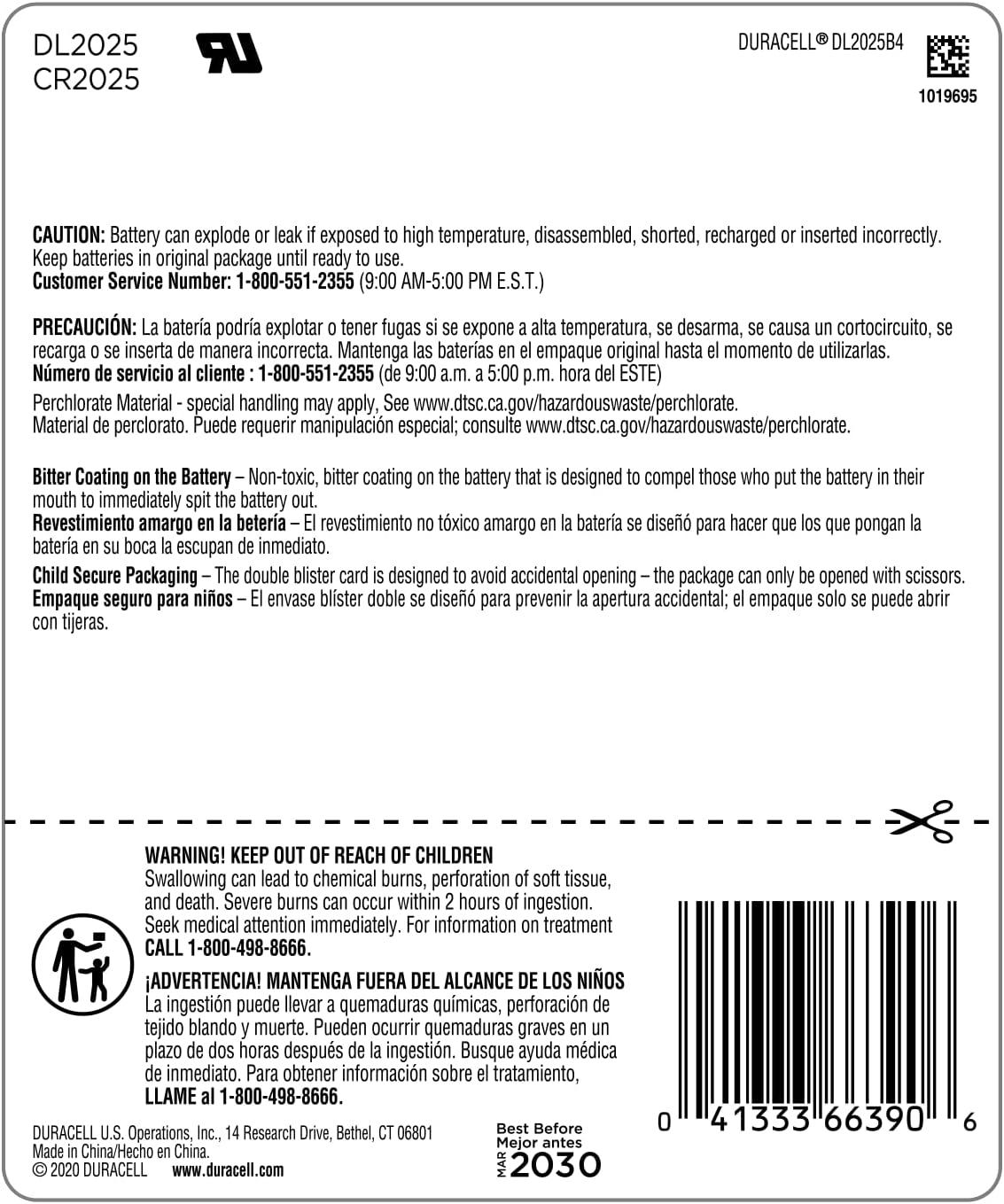 Duracell 2025 3V Lithium Coin Battery with bitter coating 4 count