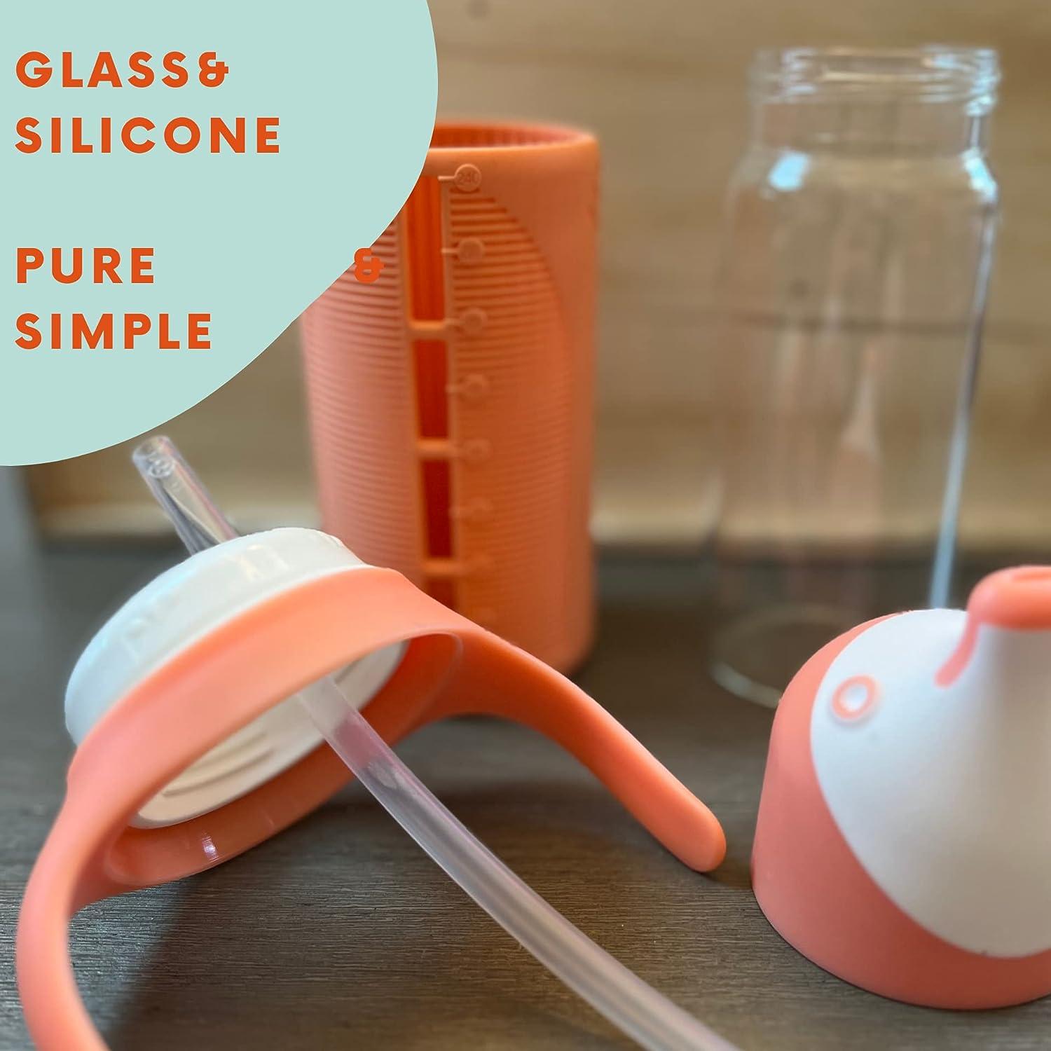 Tabor Place Glass Sippy Cup for Toddlers - The Luca | Spill-Proof | Silicone Straw | Orange | 8 oz | Liquids Never Touch Plastic | Removable Handles