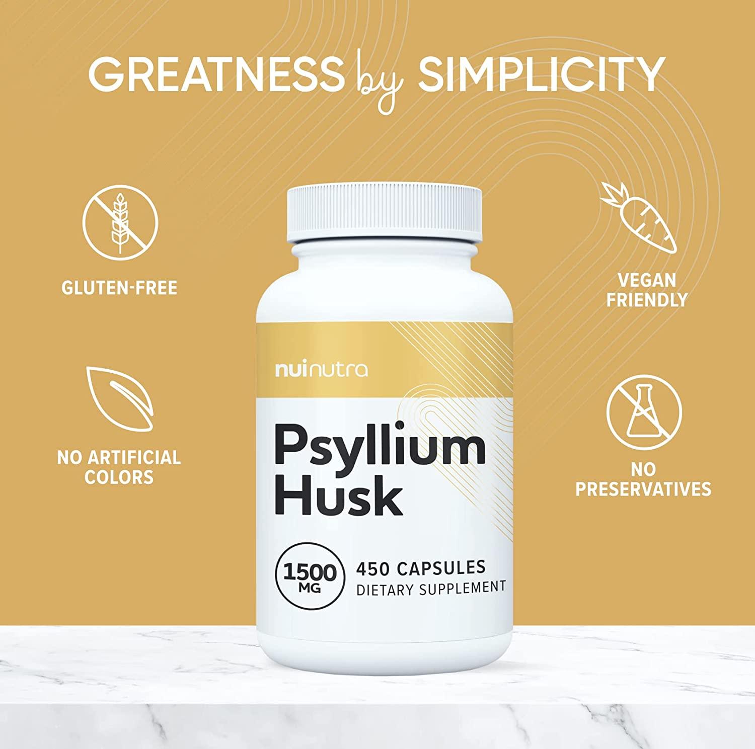 Nui Nutra Psyllium Husk Supplement 1500mg 450 Capsules Soluble Fiber Digestive Support Pills