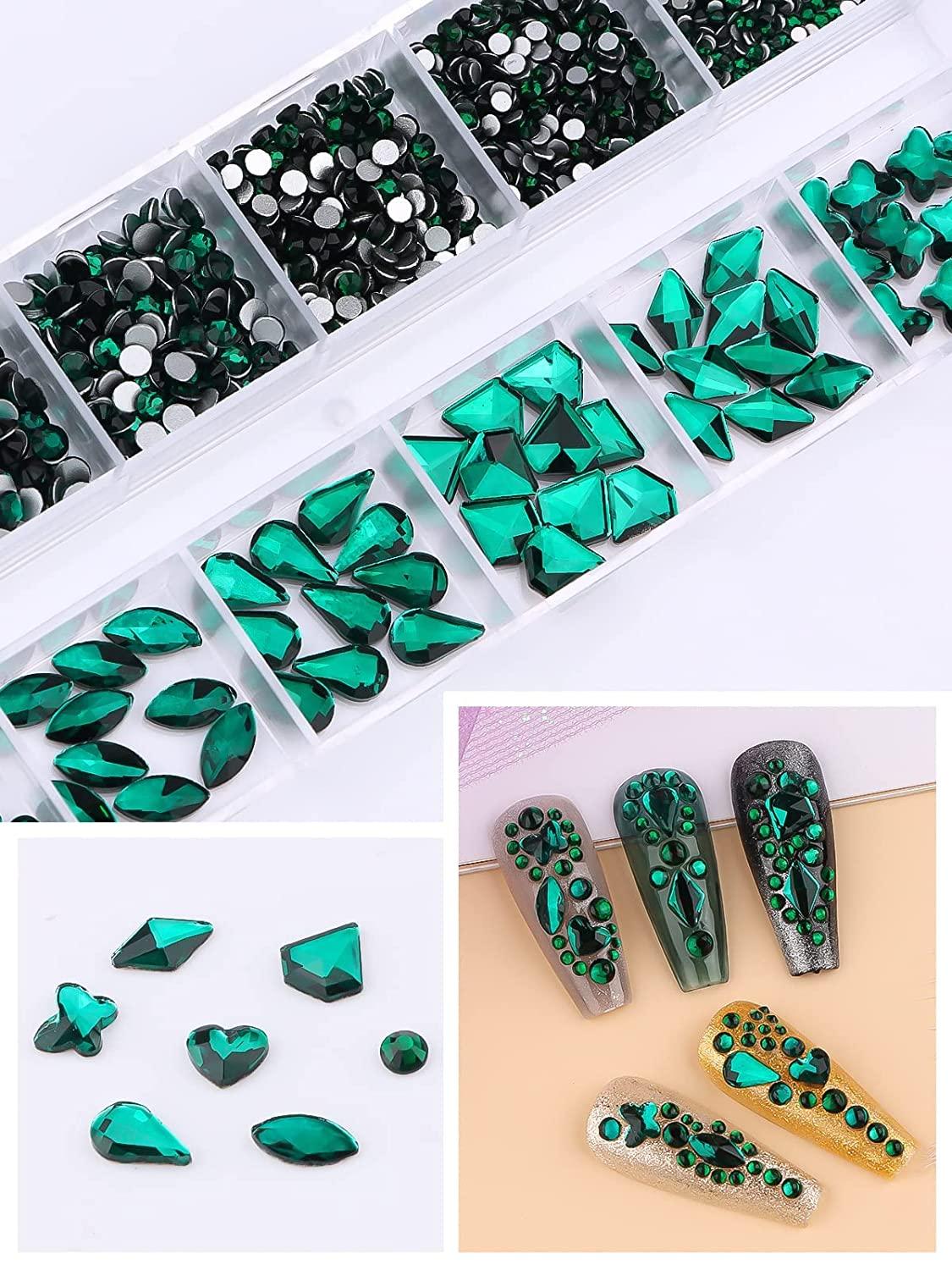 Kalolary 3120Pcs Green Nail Rhinestone Gems Kit Nail Art Crystal Flatback  Nail Jewel Gems Diamonds Jewels with Tweezers and Drill Pen 