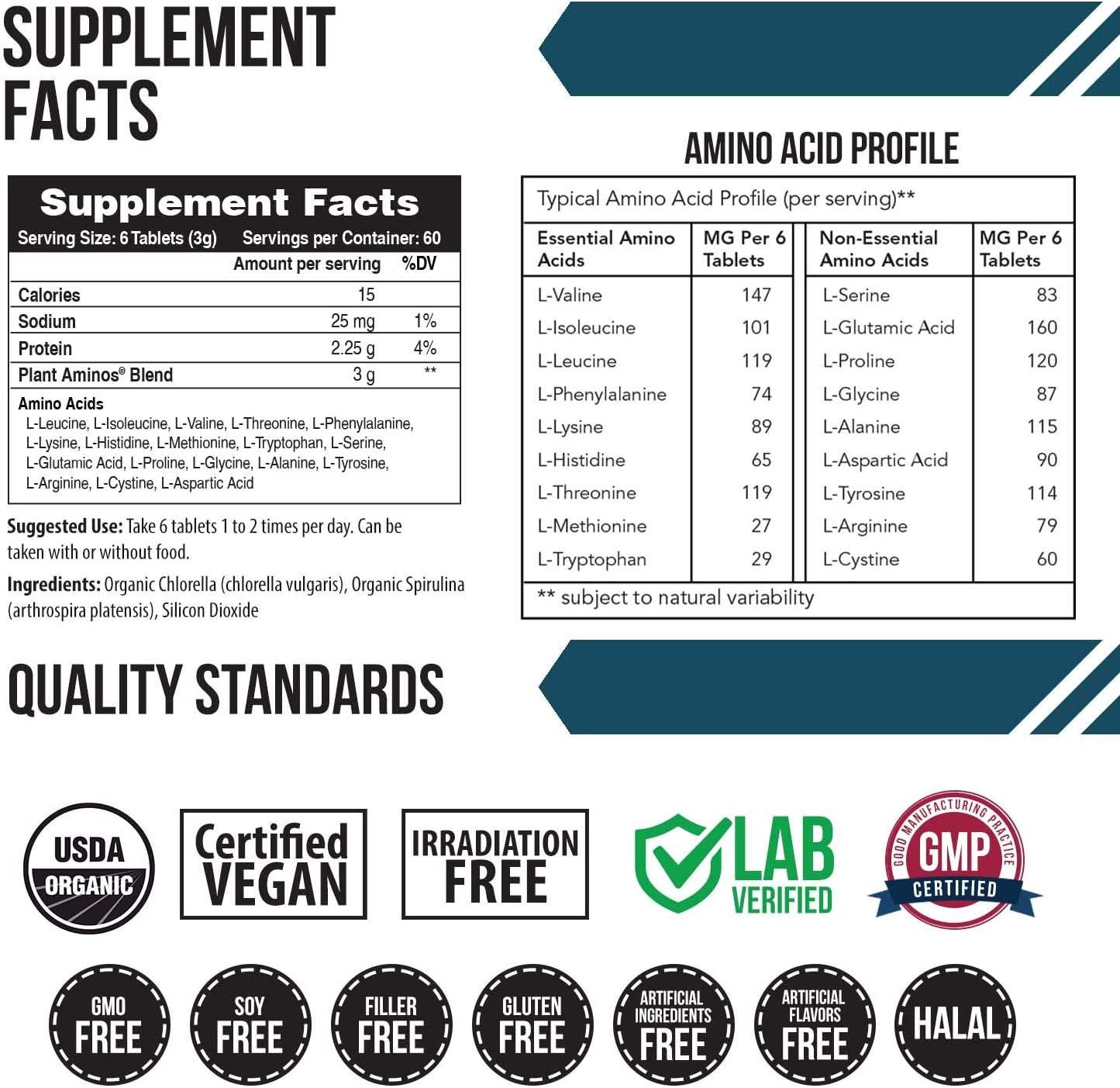 Plant Aminos Organic Essential Amino Acids & BCAA 100 Vegan 360 Tablets