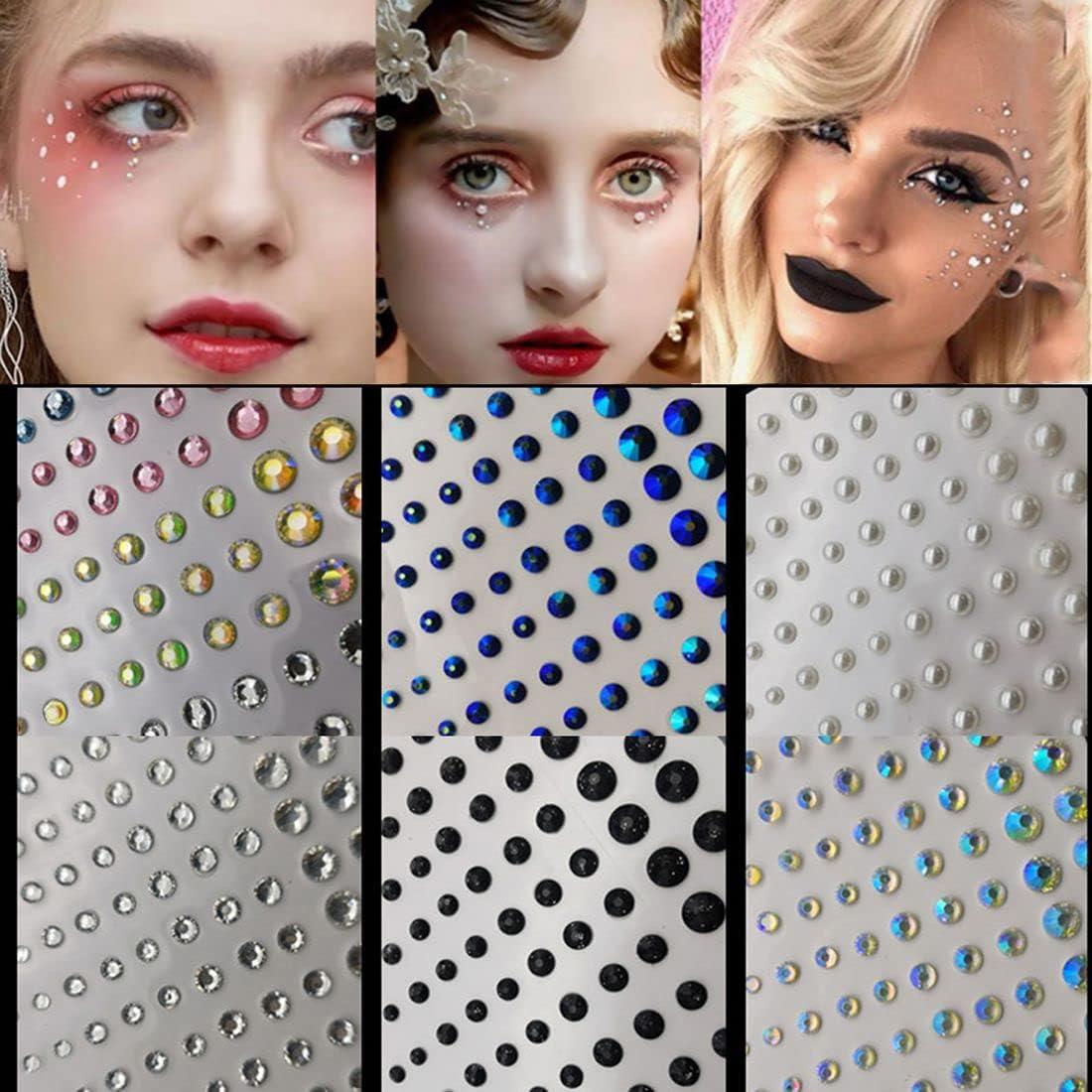 3D Self Adhesive Nail Rhinestone Stickers 6 Sheets Mixed Size Eyeshadow  Face Jewels for Women Face Gems Makeup Party Festival Accessory 6sheet