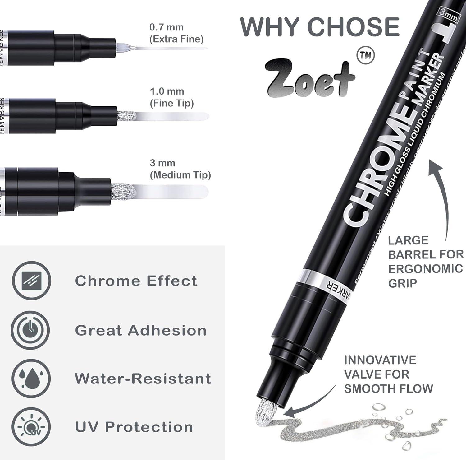 ZOET 3PK Mirror Chrome Marker Chrome Pen, Chrome Paint for Any Surface, Chrome Marker Paint Pen for Repairing Model Painting Marking or DIY Art  Projects, Permanent Liquid Mirror (0.7, 1