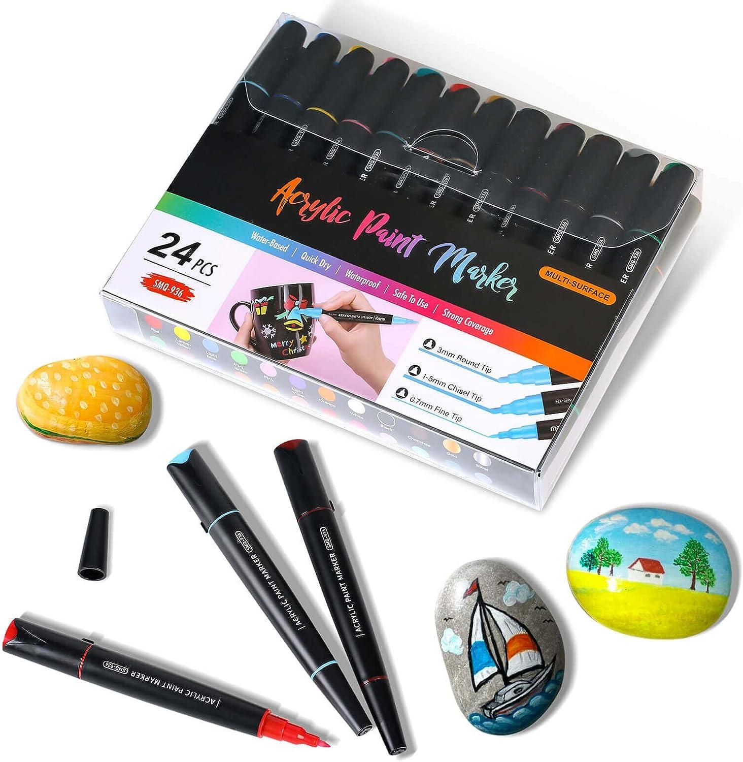 Paint Pens Paint Markers 24 Colors Three Tips Acrylic Markers Pens With  Fine Tip Medium Tip Chisel Tip Acrylic Paint Pens for Rock Painting Wood  Canvas Ceramic Fabric Arts and Crafts for