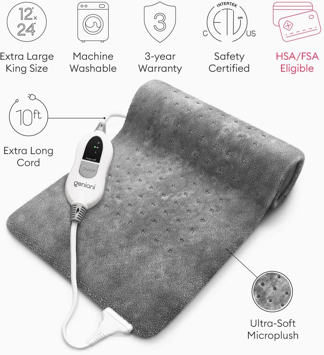 GENIANI Extra Large Electric Heating Pad for Back Pain and Cramps