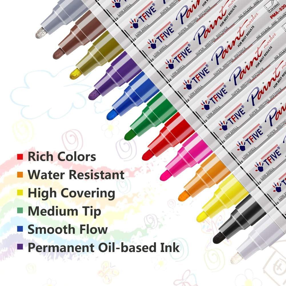 Paint Marker Pens - 5 Colors Permanent Oil Based Paint Markers, Medium Tip,  Quick Dry and Waterproof Assorted Color Marker for Metal, Wood, Fabric,  Plastic, Rock Painting, Stone, Mugs, Canvas, Glass