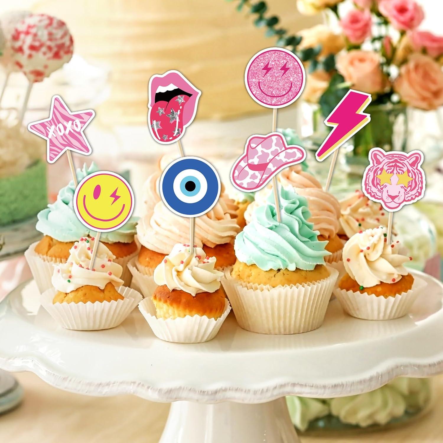 Whaline 40Pcs Preppy Pink Party Cupcake Toppers 10 Designs Paper Cake ...