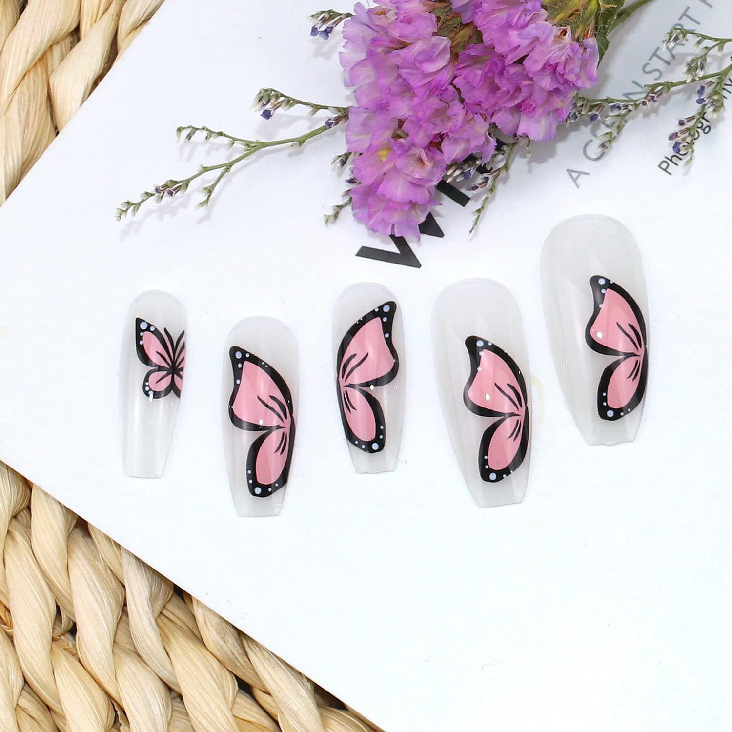 Butterfly Press on Nails Long, 24Pcs Pink Butterfly Exquisite