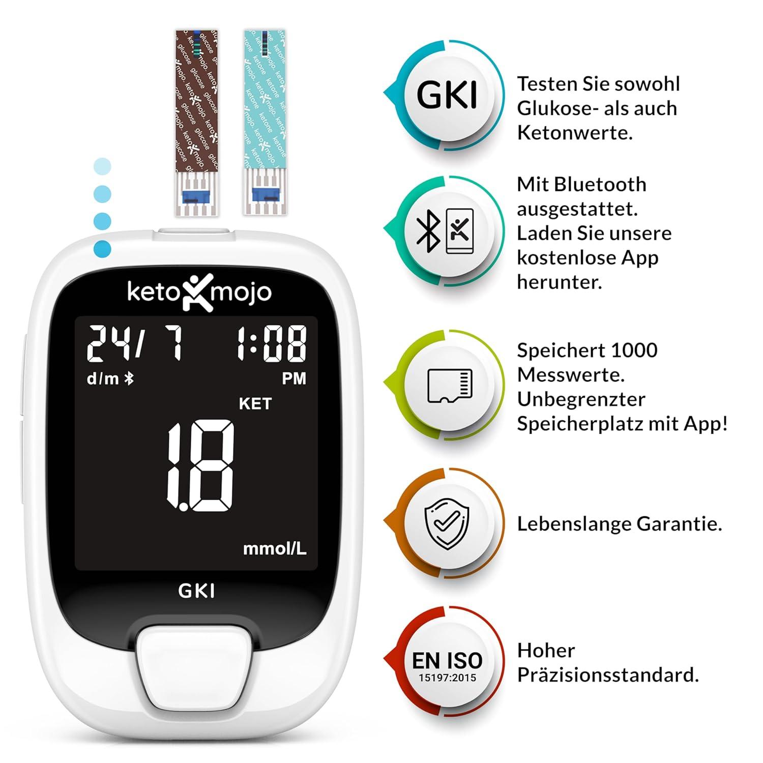 KetoMojo GKI Bluetooth Glucose & Ketone Test Kit Free App for