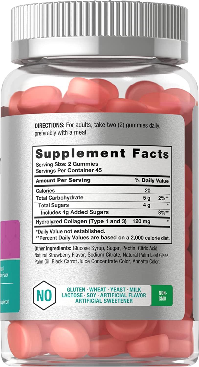 Collagen Gummies 90 Count Strawberry Flavored Gummy Hydrolyzed Collagen Type 1 and 3 Non