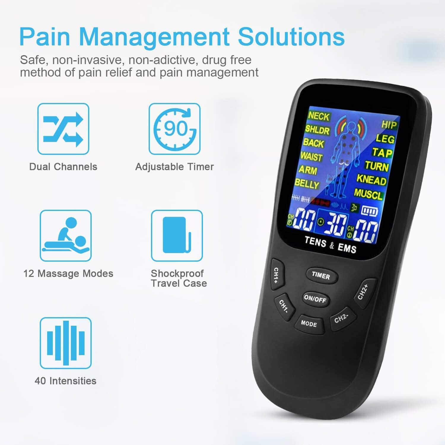 GLOBAL PHOENIX Electric Muscle Stimulator Dual Channels Pulse Massager Pain  Relief Therapy Tens Device with Electrode