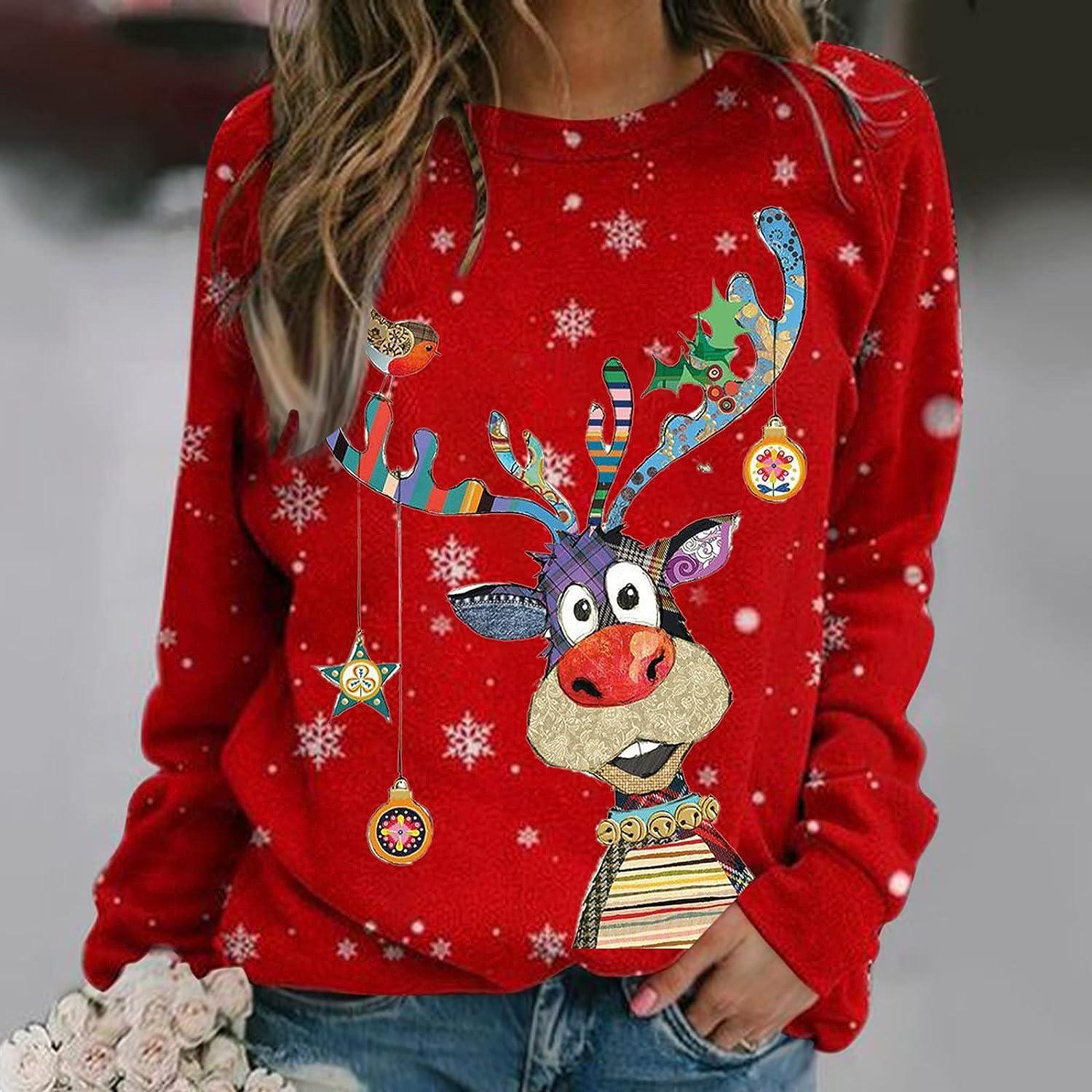 Christmas Sweatshirts for Women Funny Cute Reindeer Print Long Sleeve  Shirts Crewneck Pullover Tops Teen Girls Gifts X-Large A01_red