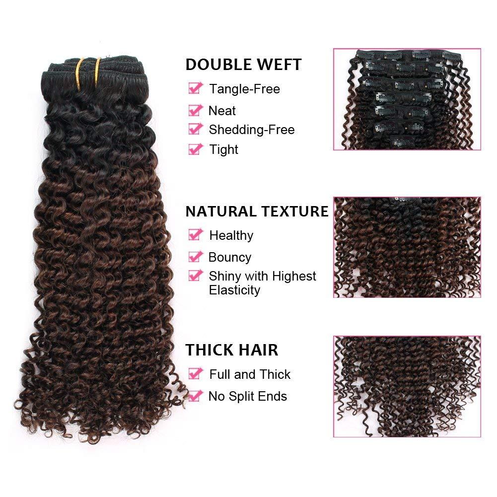 ABH AMAZINGBEAUTY HAIR Ombre Kinky Curly Clip in Hair Extensions for Black  Women, 3C 4A Remy Human Hair, Natural Color Fading into Chocolate Brown T4,  17 Clips with 7 Pieces, 115 Gram,