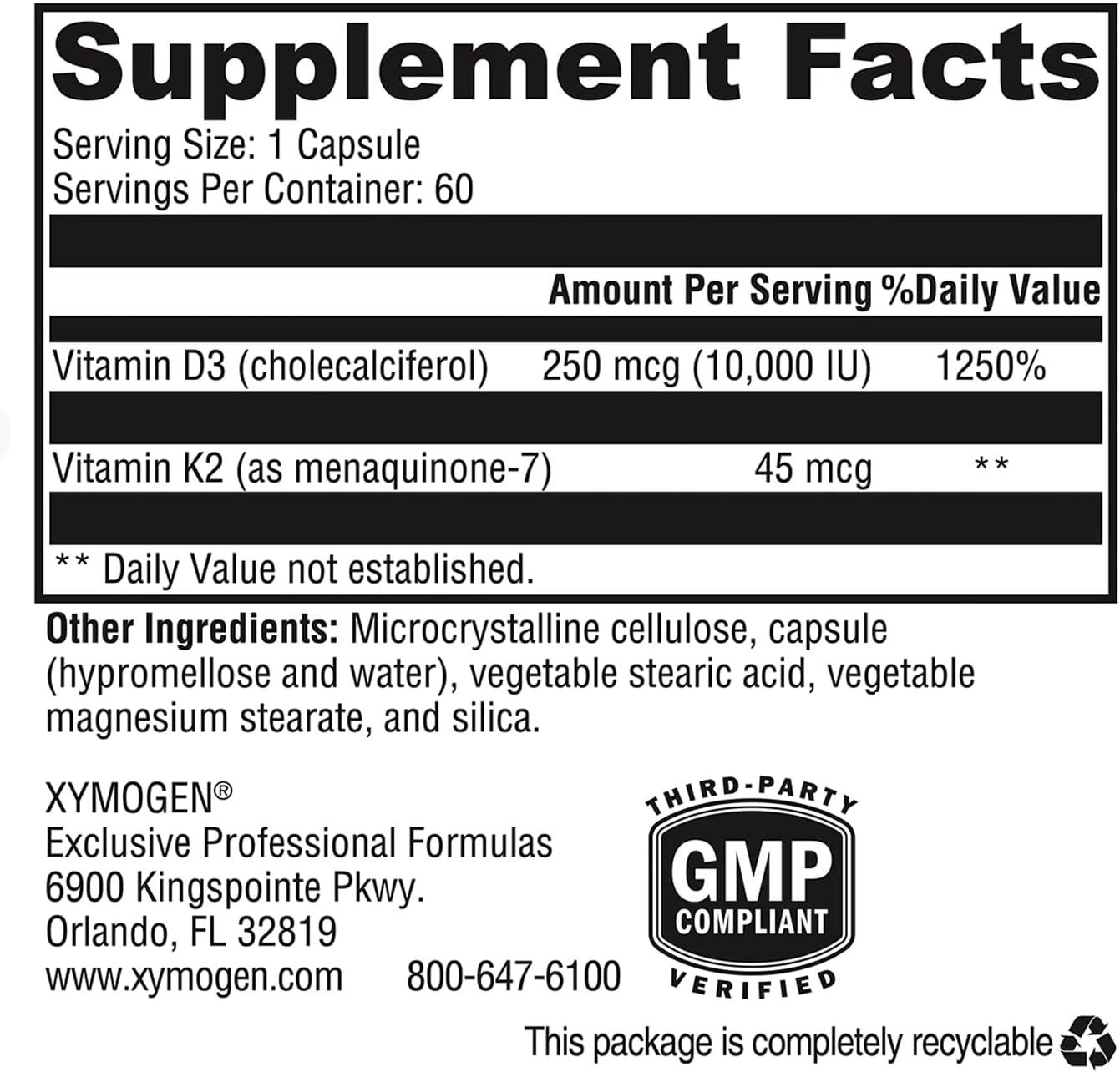 XYMOGEN K2D3 10000 Bioavailable Vitamin D3 K2 Supplement for Heart