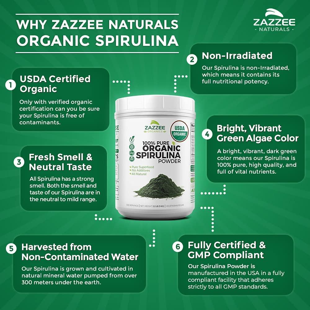 Zazzee USDA Organic Spirulina Powder 2.2 Pounds 303 Servings, 100