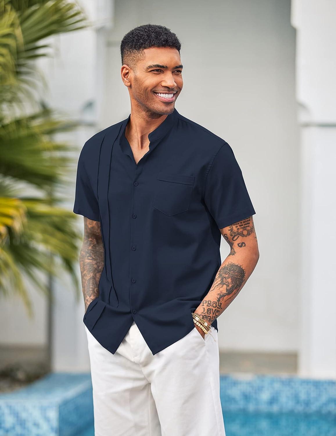 COOFANDY Men Cuban Guayabera Shirt Short Sleeve Button Down Shirt Linen  Beach Casual Shirt Navy Blue X-Large