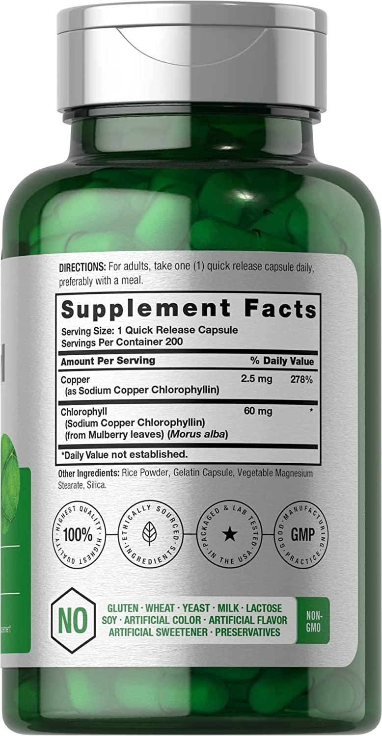 Chlorophyll Capsules 200 Count NonGMO and Gluten Free Supplement