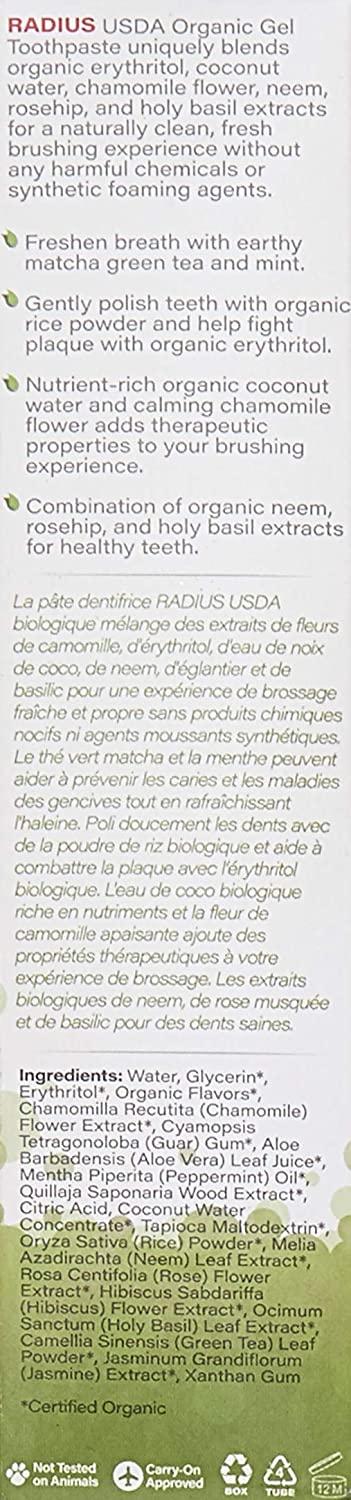 RADIUS USDA Organic Matcha Mint Toothpaste | Non-Toxic, Gum Health ...