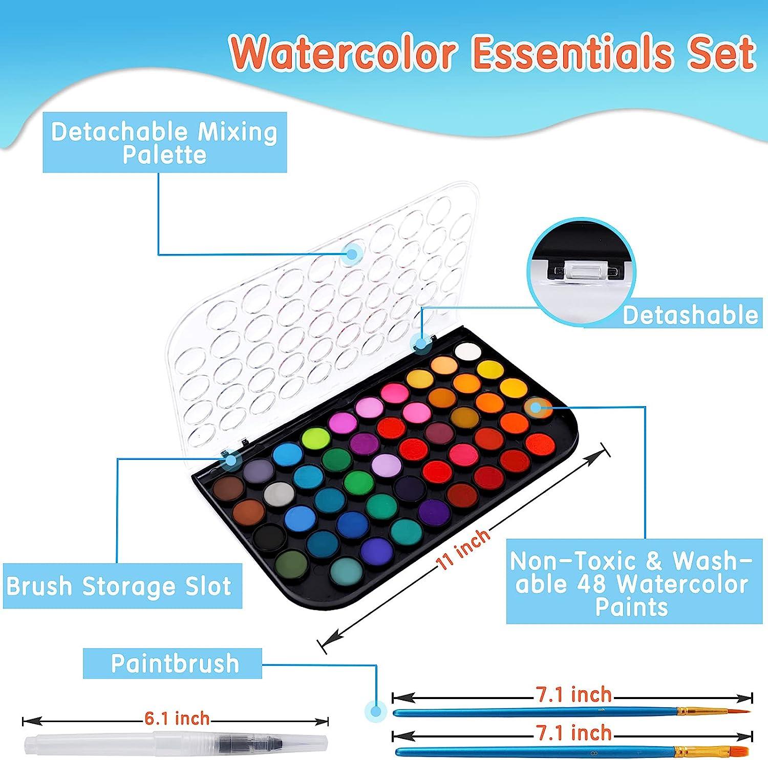 48-Color Watercolor Paint Set with Brush, Refillable Water Brush Pen, Palette, and Water-Washable Paints for Kids, Adults and Artists