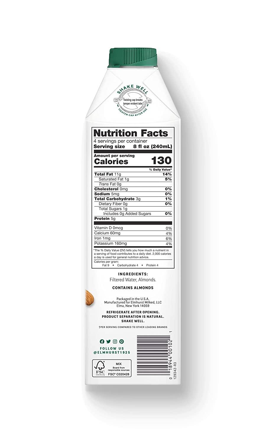 Elmhurst 1925 Milked Almonds Unsweetened Almond Milk, 32 Ounce (Pack of 6)
