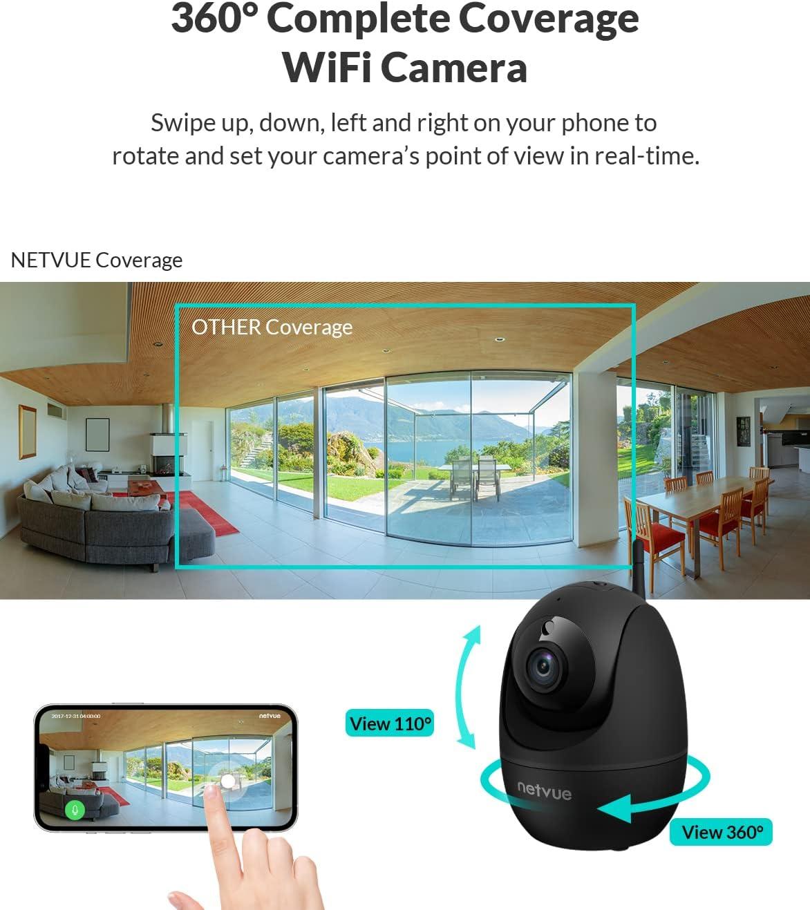 NETVUE 1080P WiFi Security Camera, Pet Camera 2 Way Audio, Baby Monitor,  Night Vision, Smart AI. Human Detection, Pan Tilt Zoom, Works with Alexa,  Baby Camera with Cloud Storage (Black)
