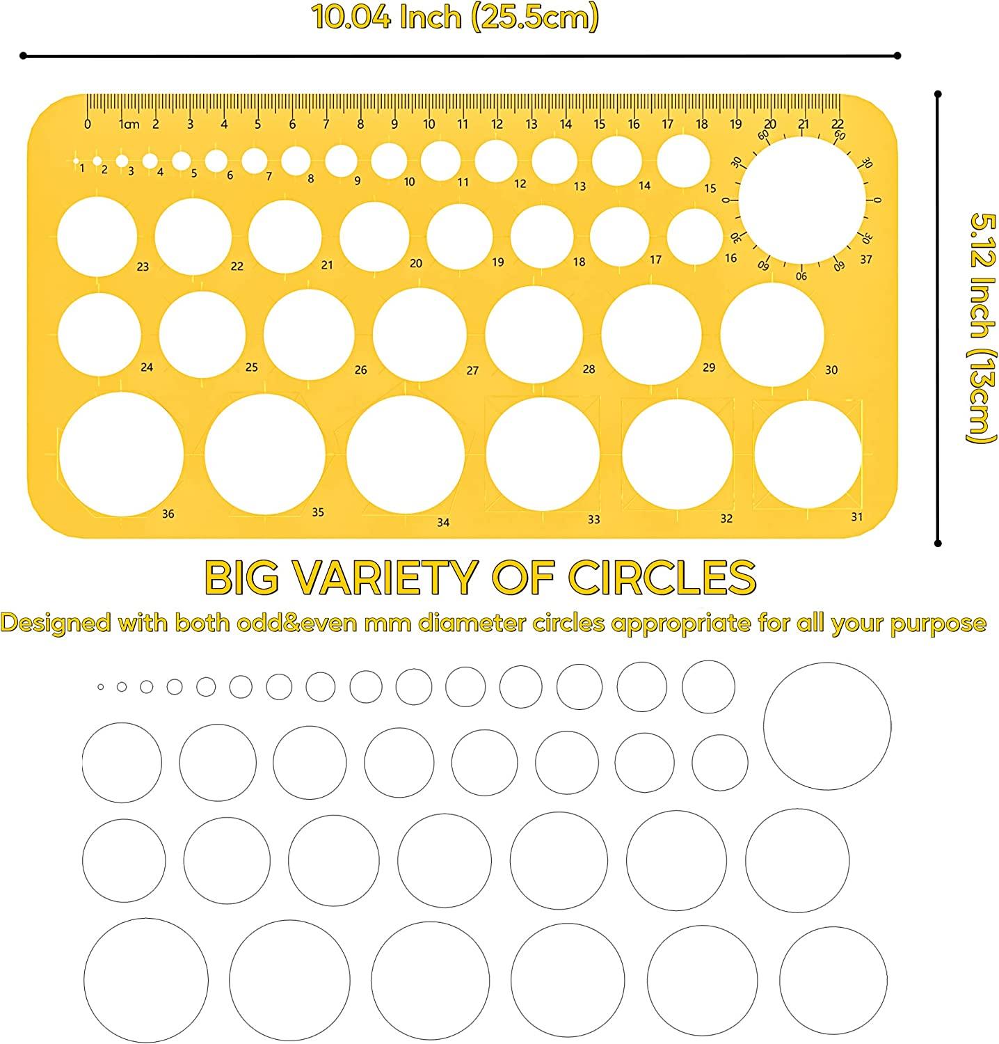 RZDEAL Circle Round Stencil Template Artist Design Drawing Tool (1mm to 37mm) Yellow rzdeal-circle-round-stencil-template-artist-design-drawing-tool-1mm-to-37mm-yellow