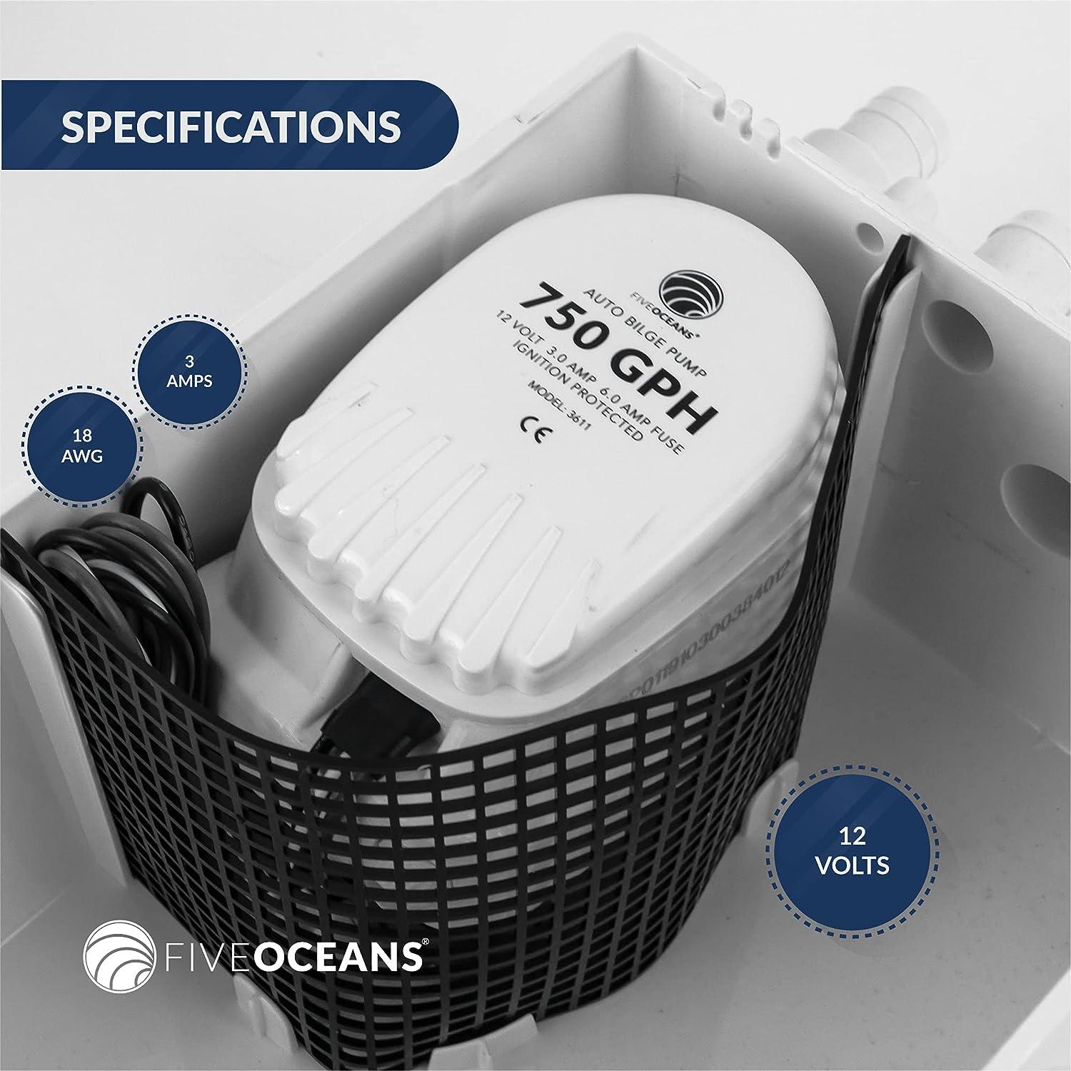 Five Oceans 750 GPH 12V Shower Sump Pump Drain System Kit with Multiple ...
